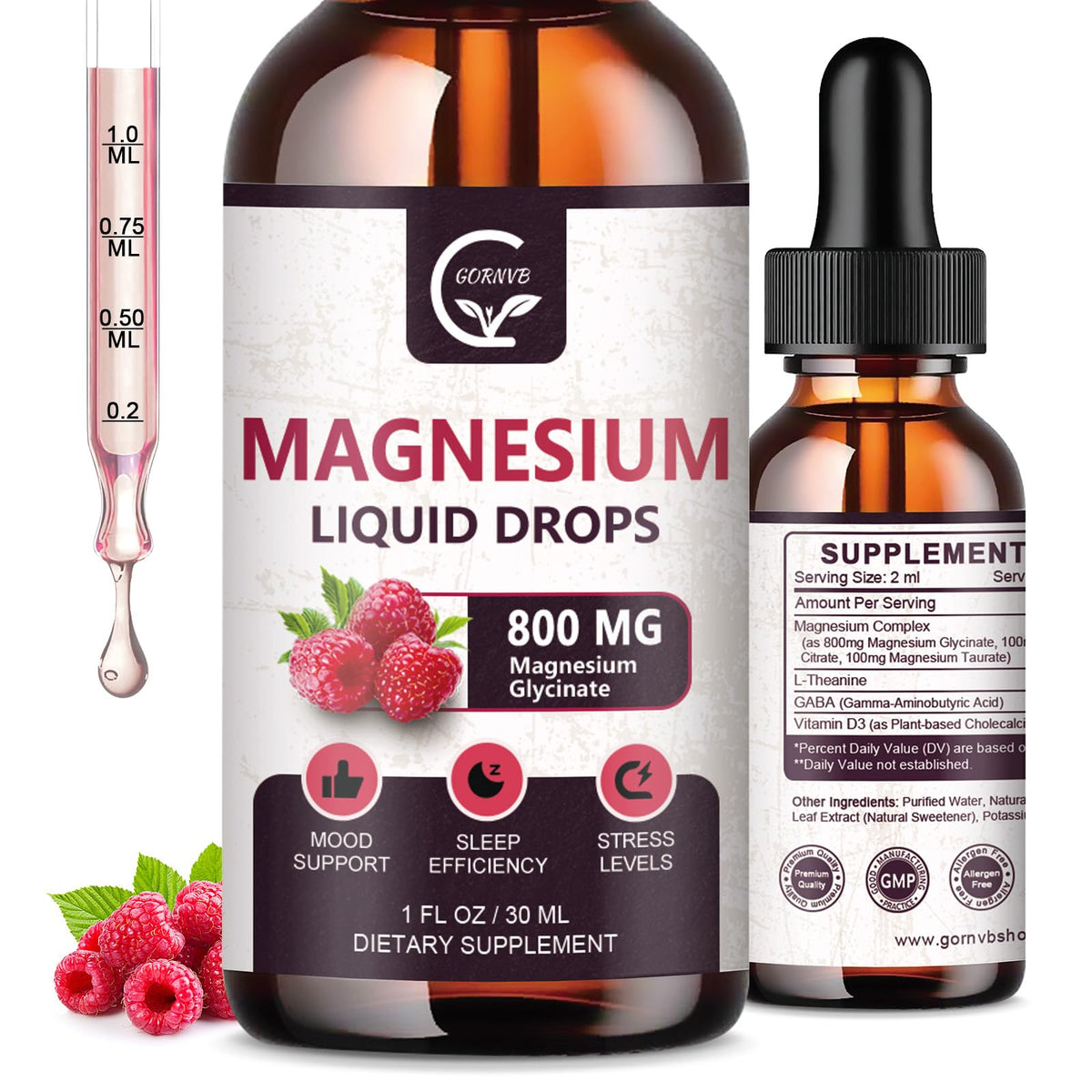 GORNVB magnesium glycinate drops bottle with raspberry flavor for easy daily energy support.