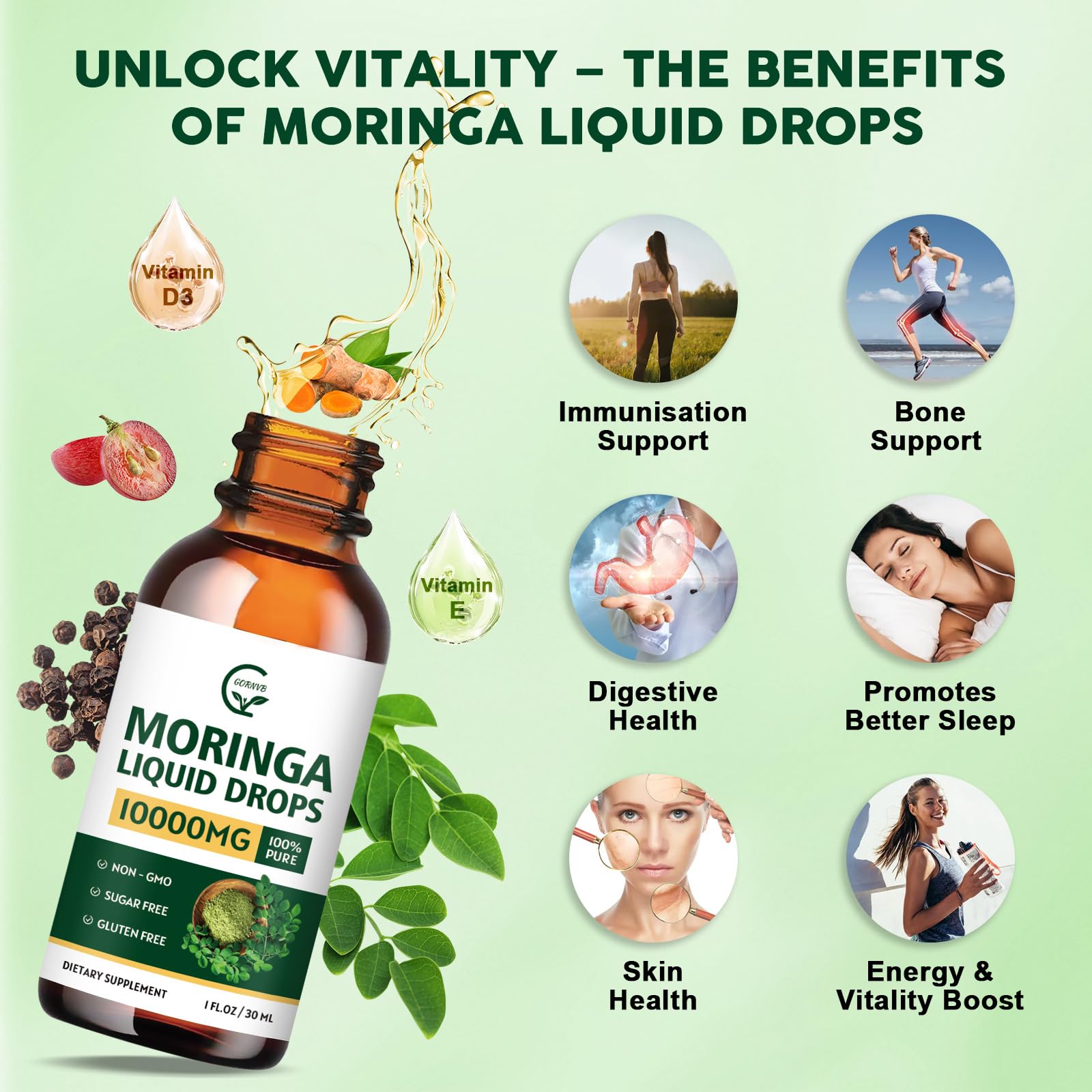 Grape seed extract detail suggesting immune support and skin nourishment with GORNVB Drops.