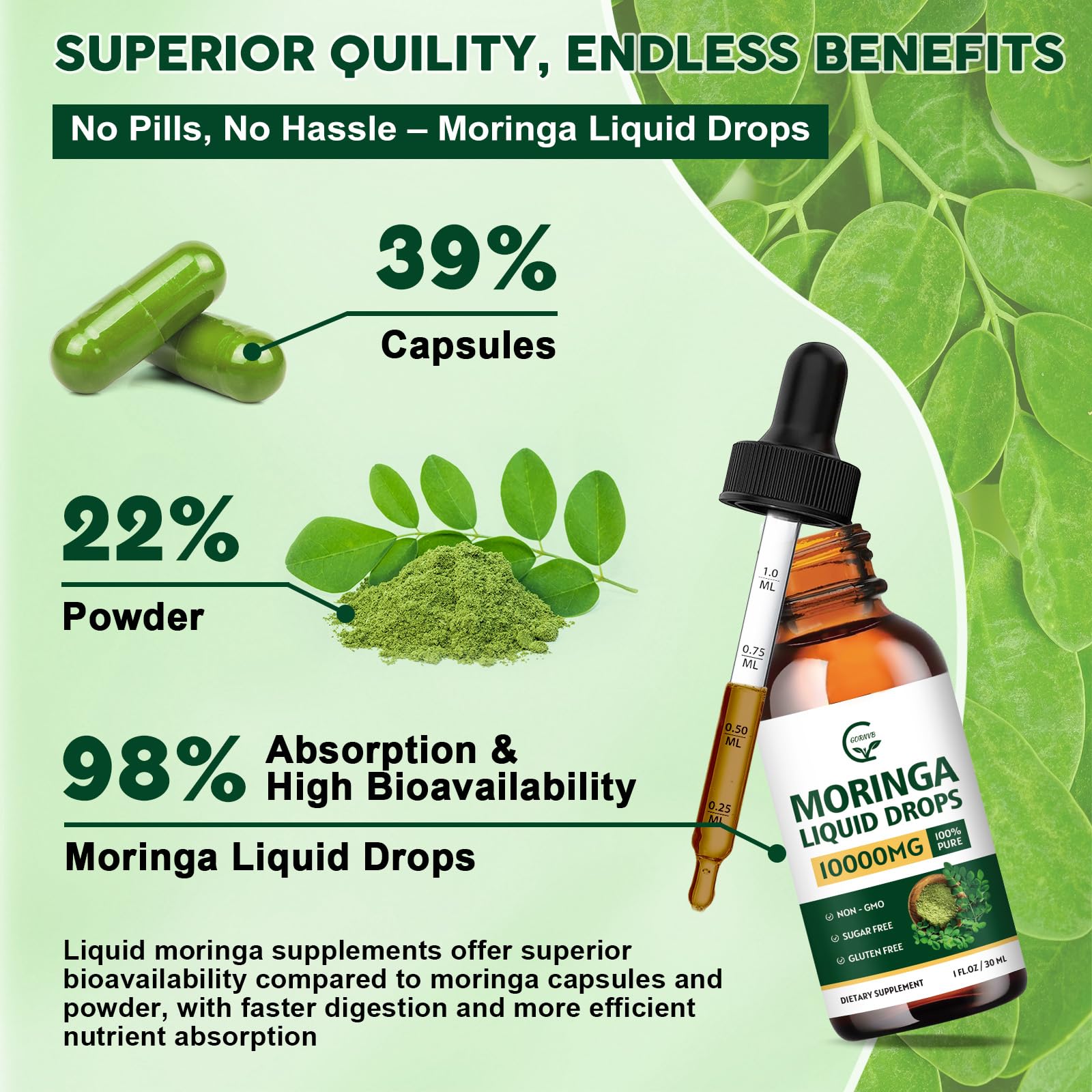 Immune and digestive support messaging with vitamins C and E in GORNVB Moringa Drops.