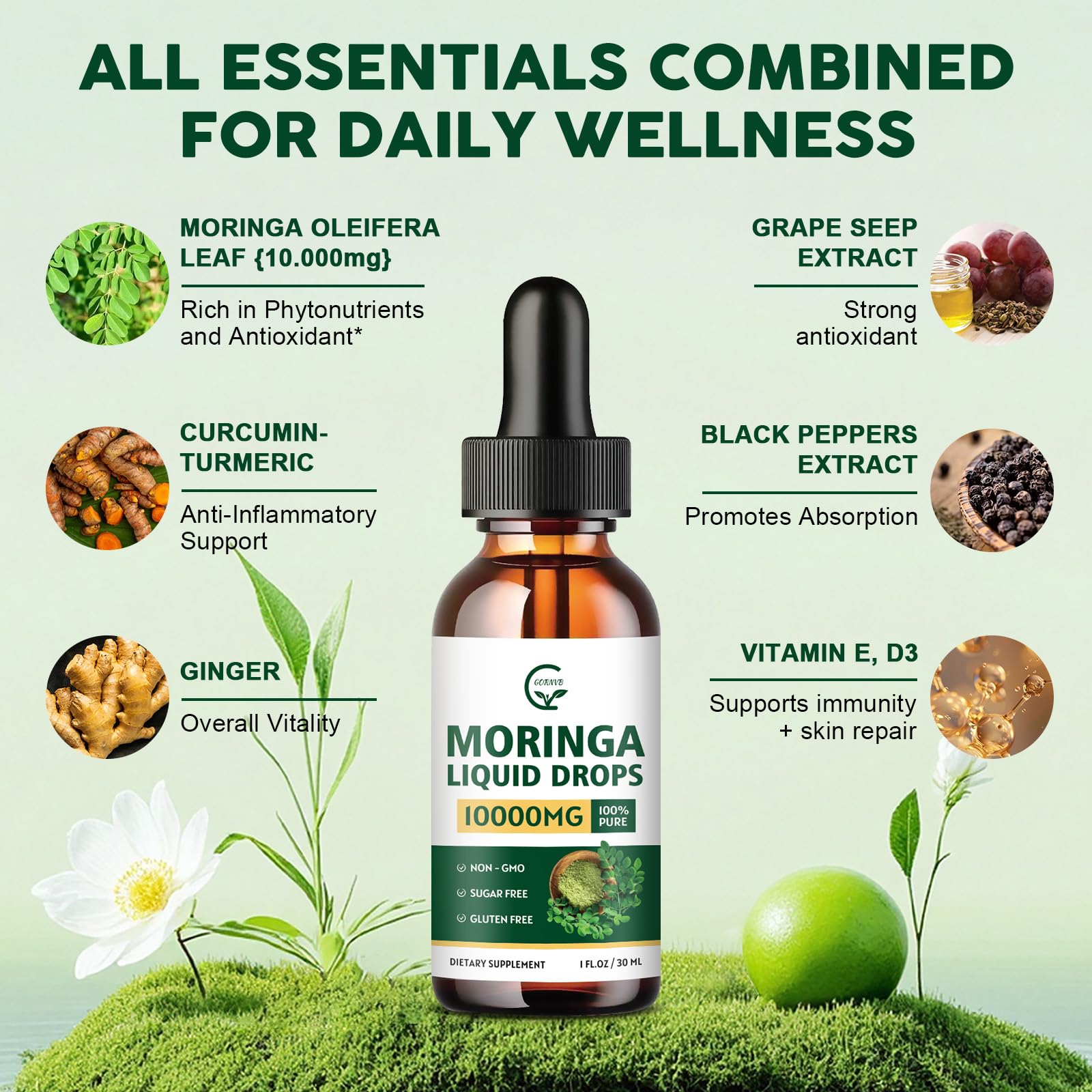 Close-up of turmeric and curcuminoids emphasizes strong antioxidant support from GORNVB Drops.