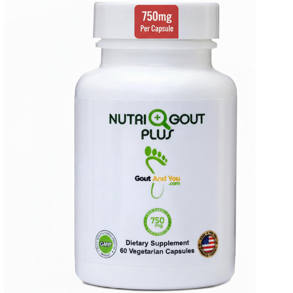Gout and You NutriGout Plus bottle close-up showing premium uric acid support features