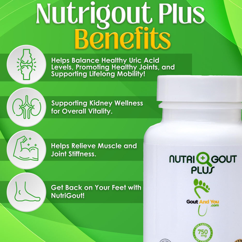 NutriGout Plus bottle label highlighting premium Uric Acid Support formula