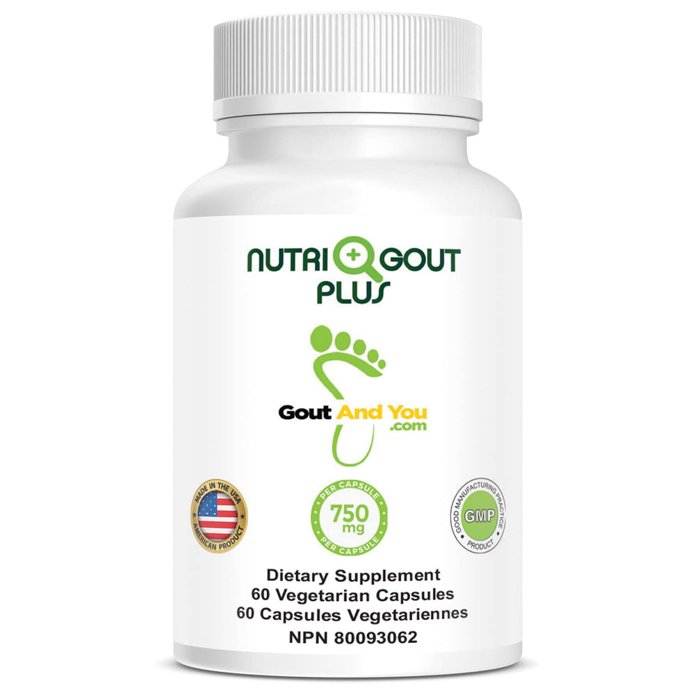 Vegetarian NutriGout Plus capsules with gluten-free and GMO-free badges