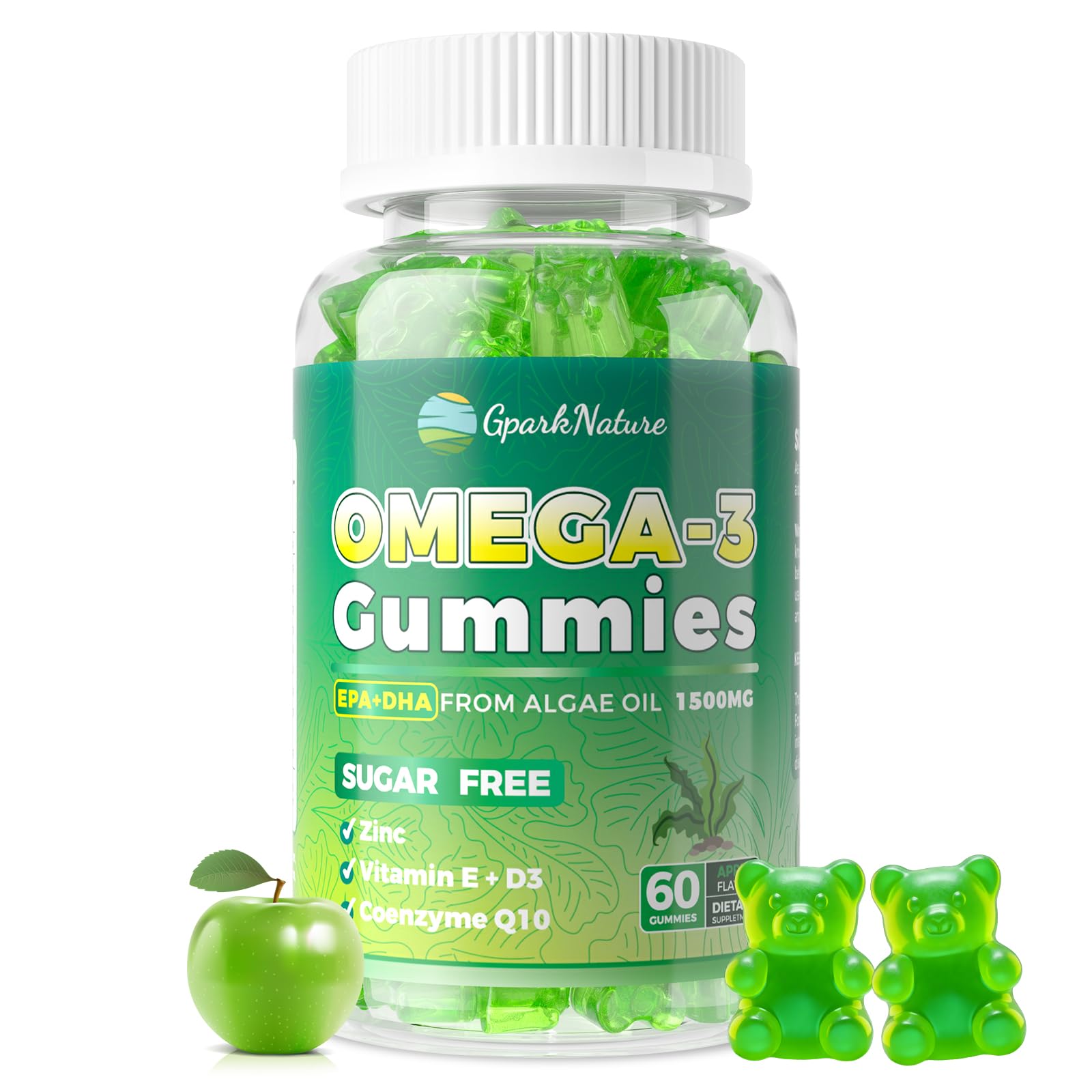 GparkNature algae omega 3 gummies bottle showing vegan DHA and EPA support