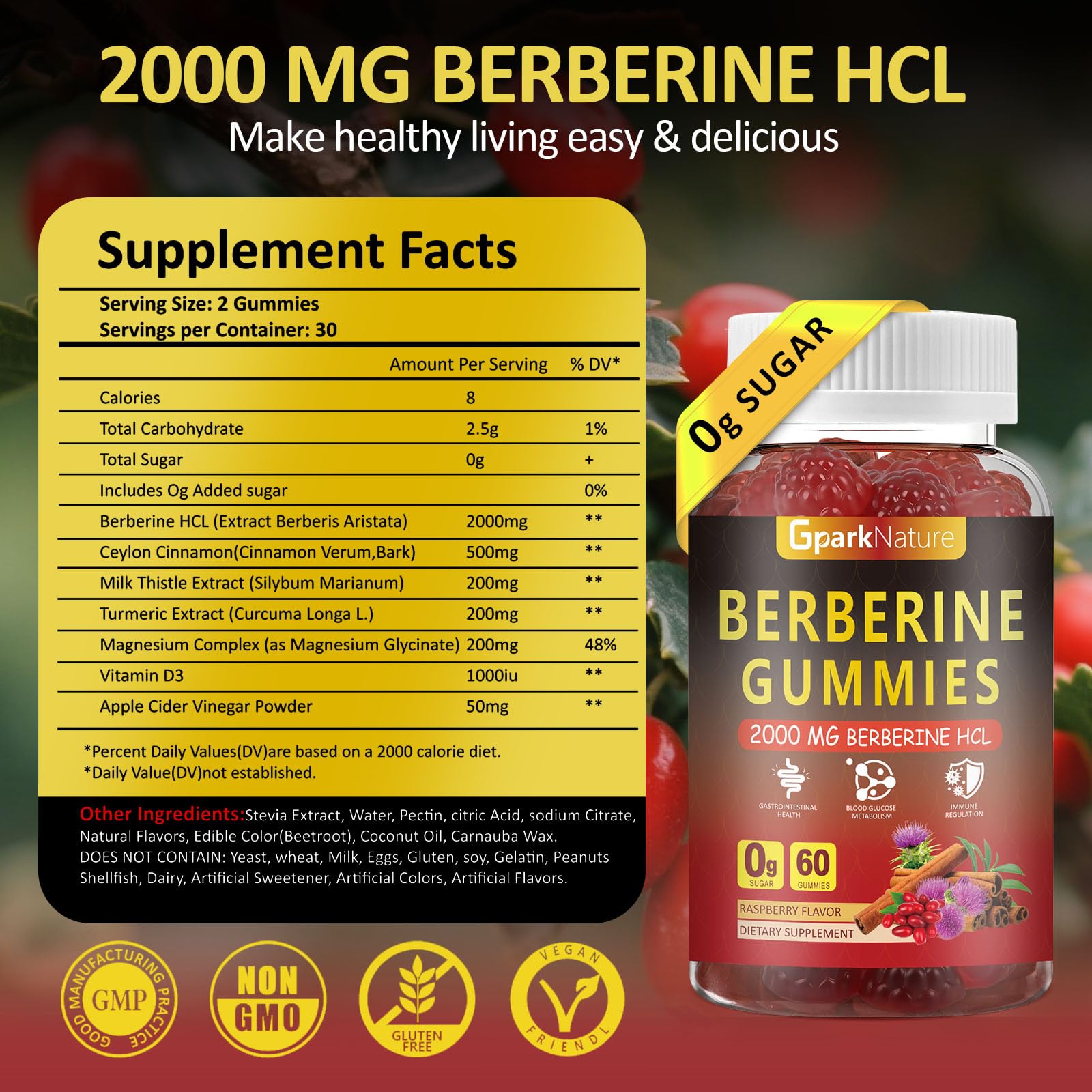 GparkNature Berberine Gummies label closeup with ingredients for metabolism support