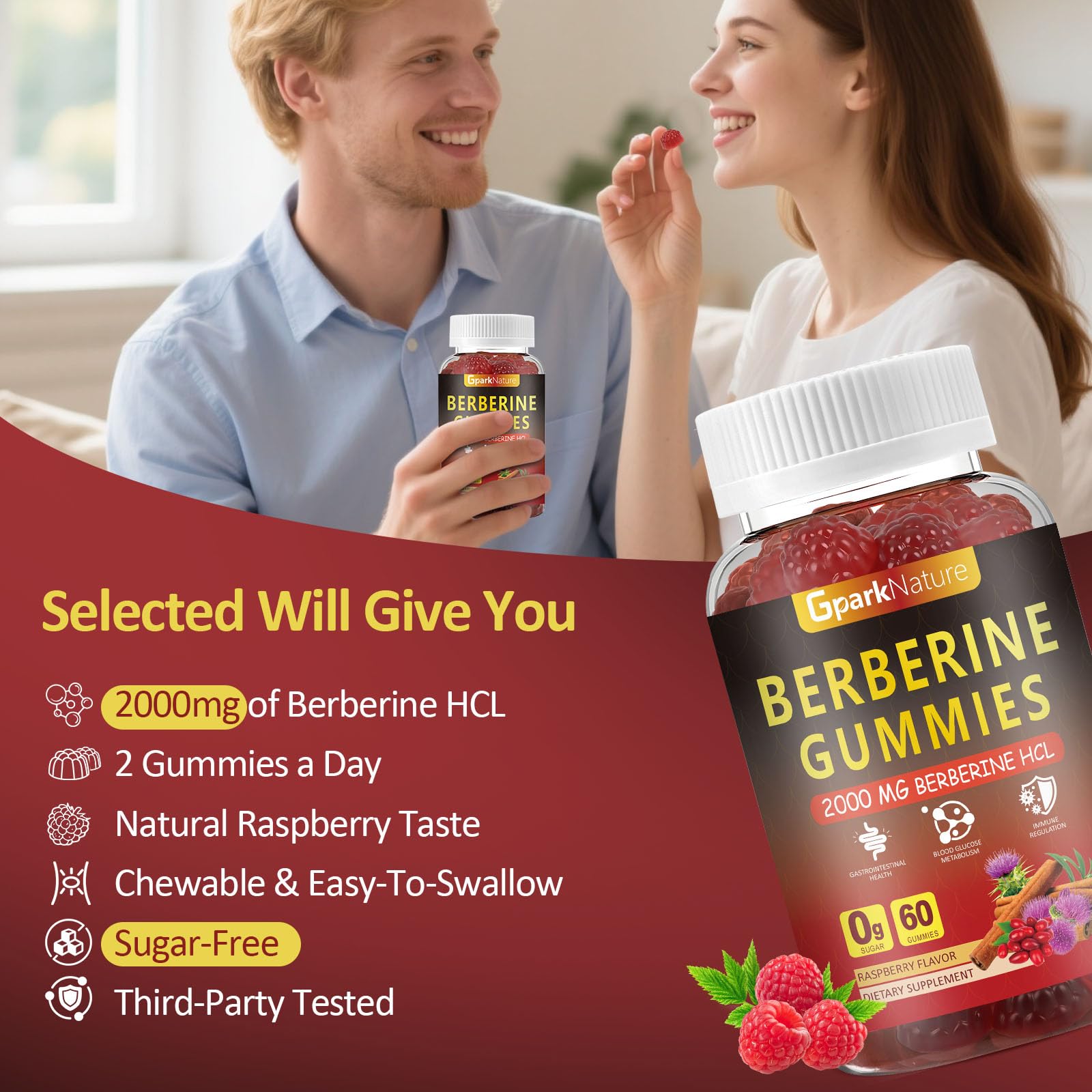 GparkNature Berberine Gummies packaging highlights vegan, sugar-free formula