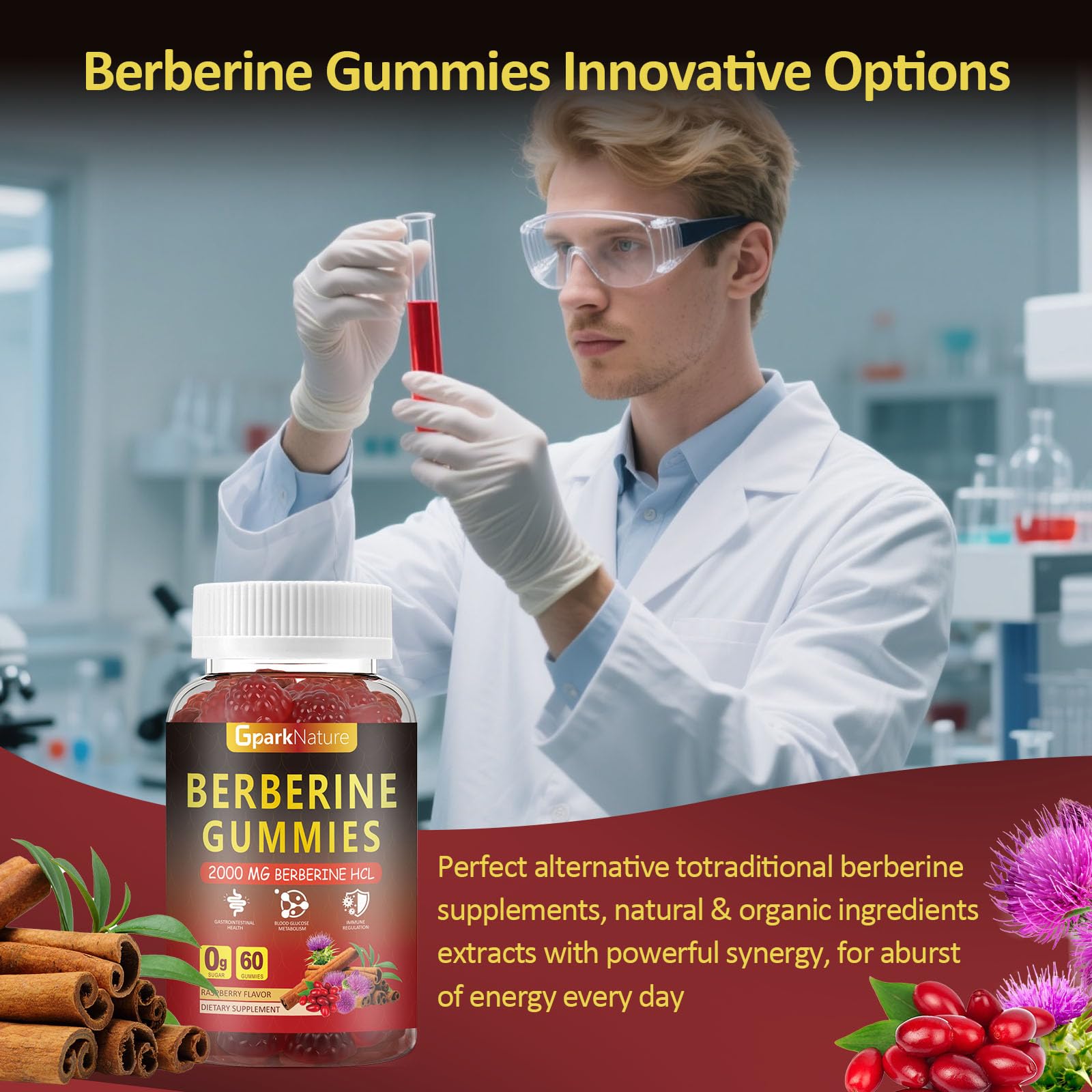 GparkNature Berberine Gummies raspberry flavor closeup emphasizes tasty dose
