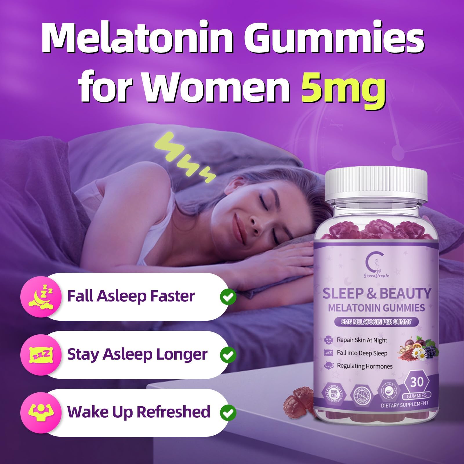 GPGP GreenPeople melatonin gummies with Ashwagandha and L-Theanine for calming evenings.