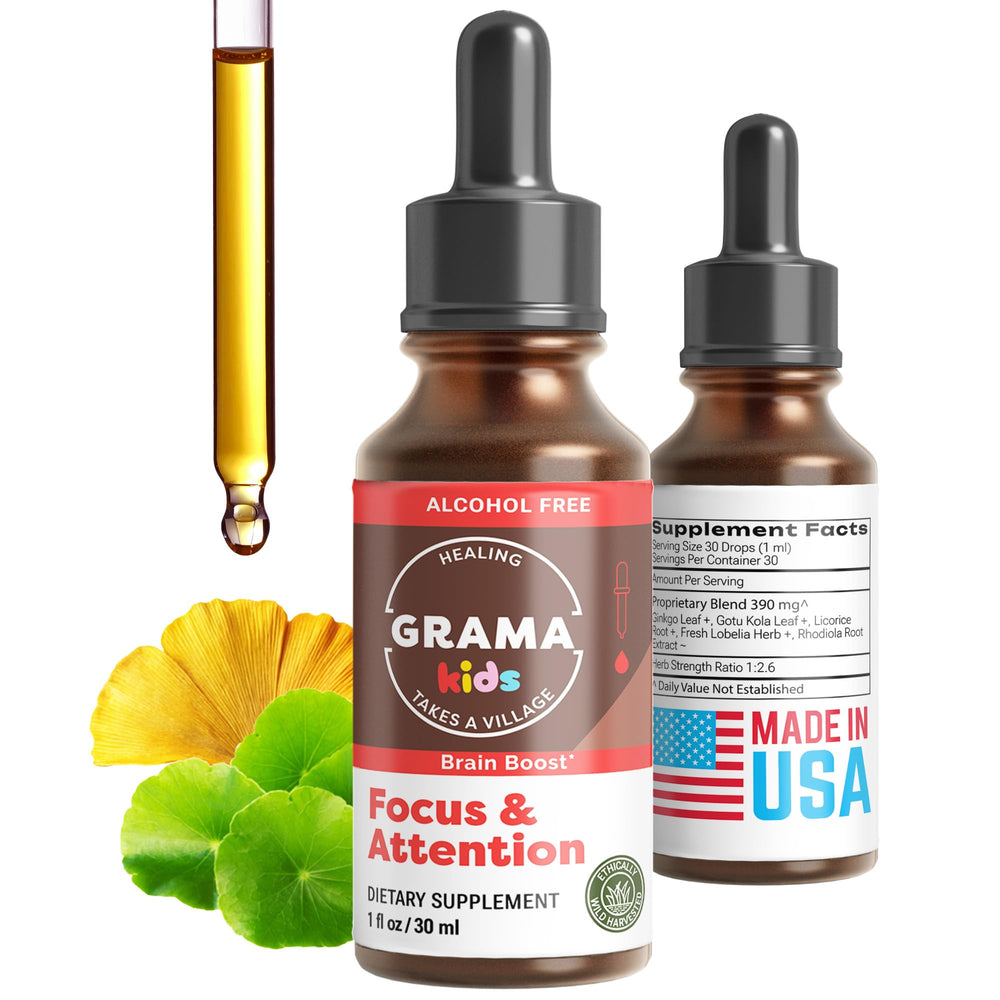 Grama Wellness focus bottle pour shows easy daily dosing for kids