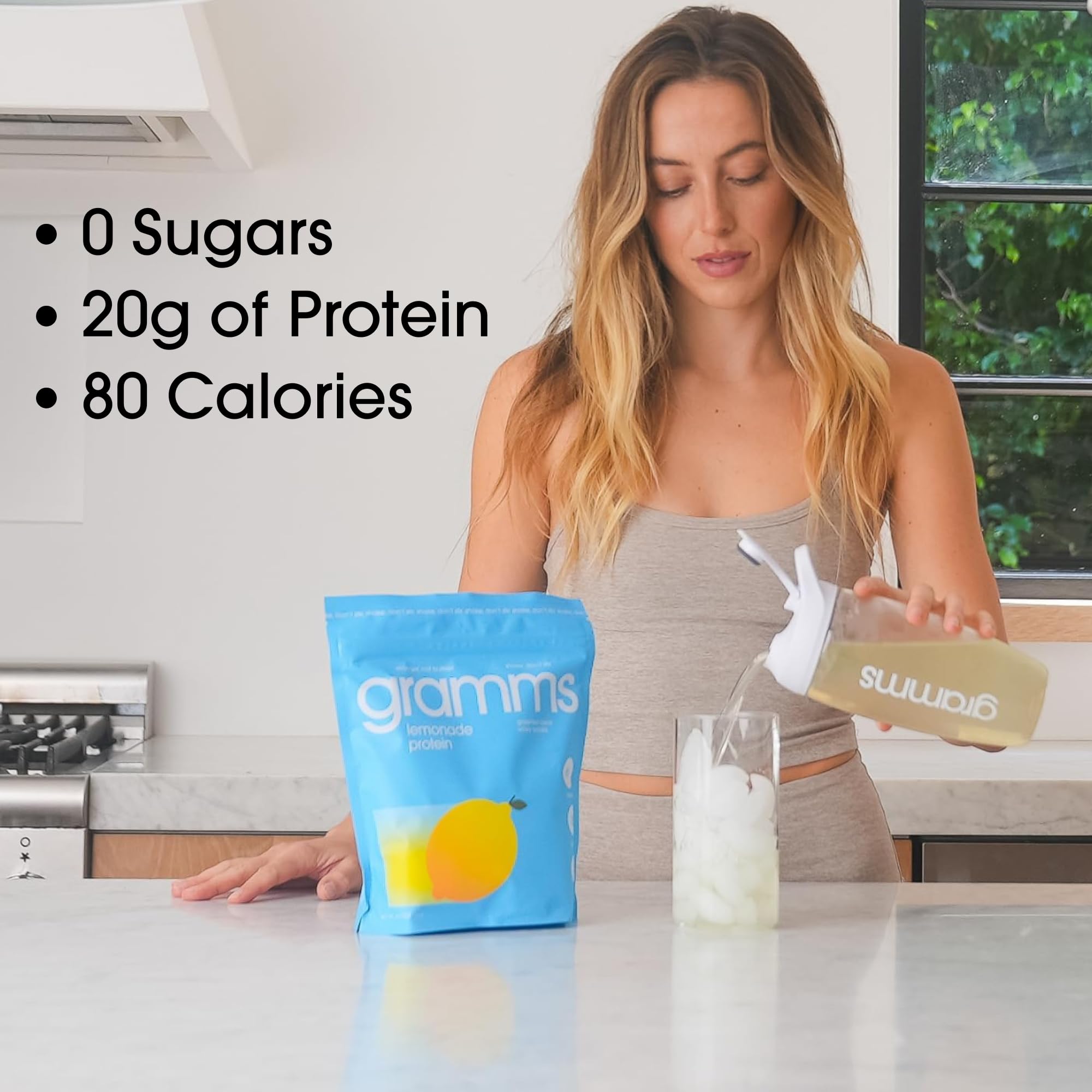 GRAMMS 20g whey isolate label highlights lean protein in a light beverage