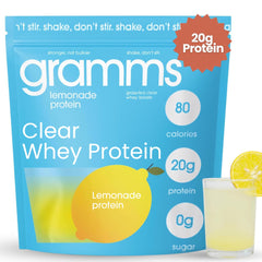 GRAMMS clear protein lemonade packet ready to mix for a refreshing drink