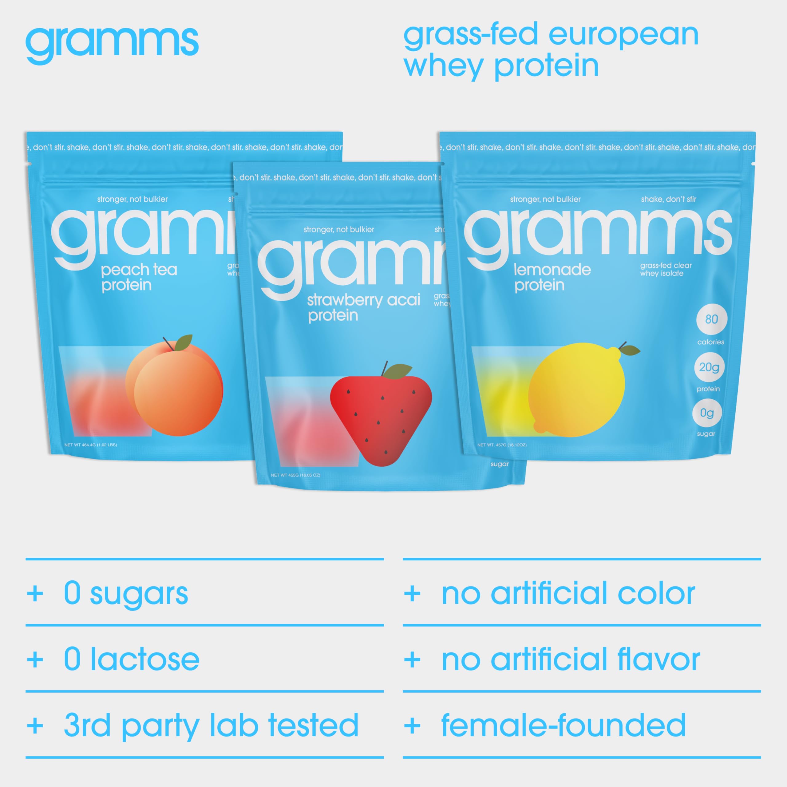 GRAMMS clear protein packet close-up with strawberry acai flavor