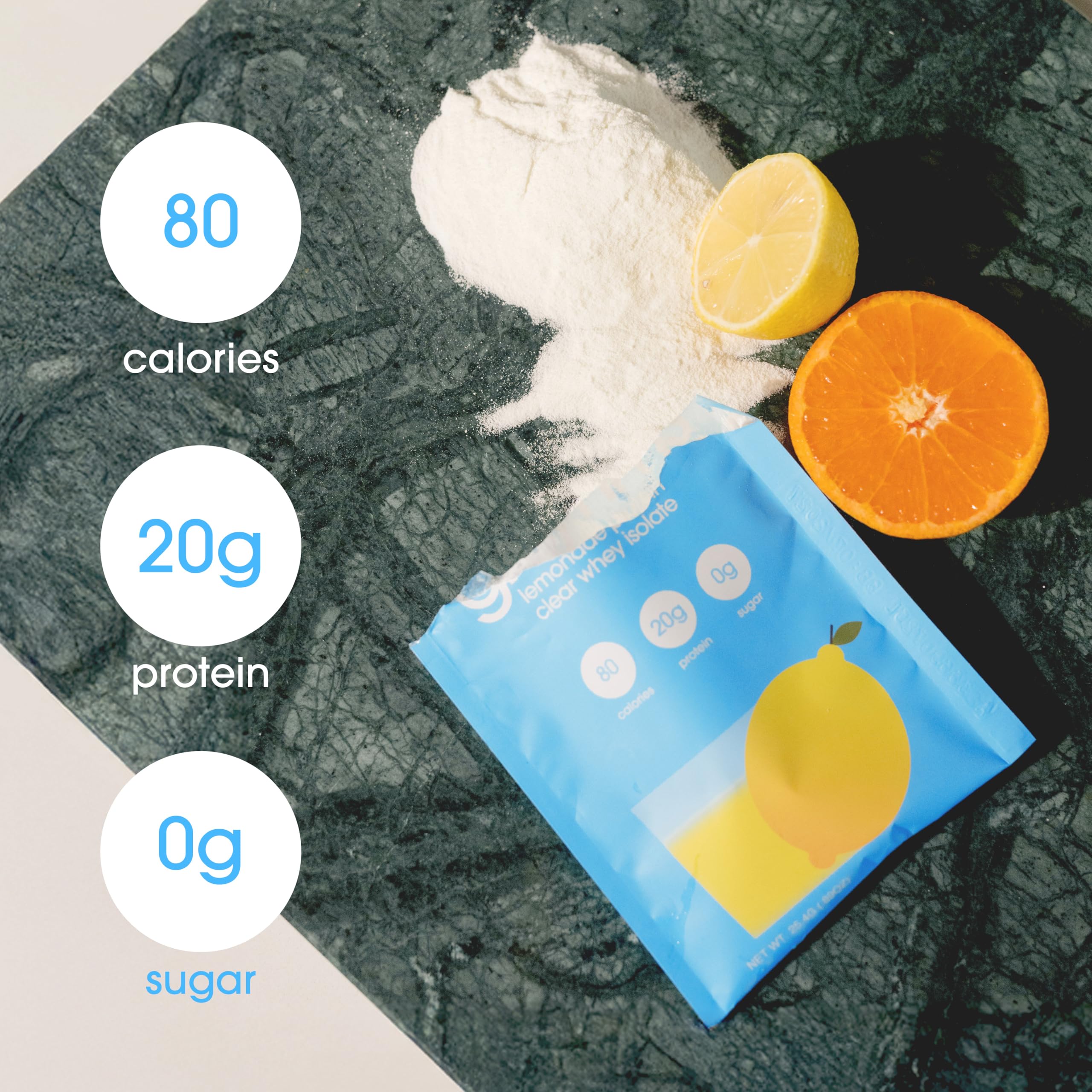 GRAMMS Clear Protein Water dissolving in water; smooth, non-chalky texture.
