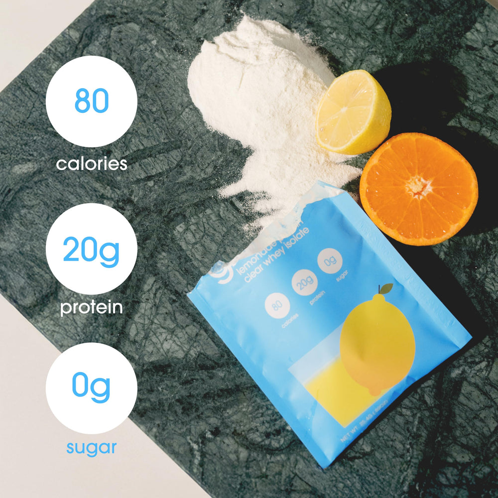 GRAMMS Clear Protein Water dissolving in water; smooth, non-chalky texture.
