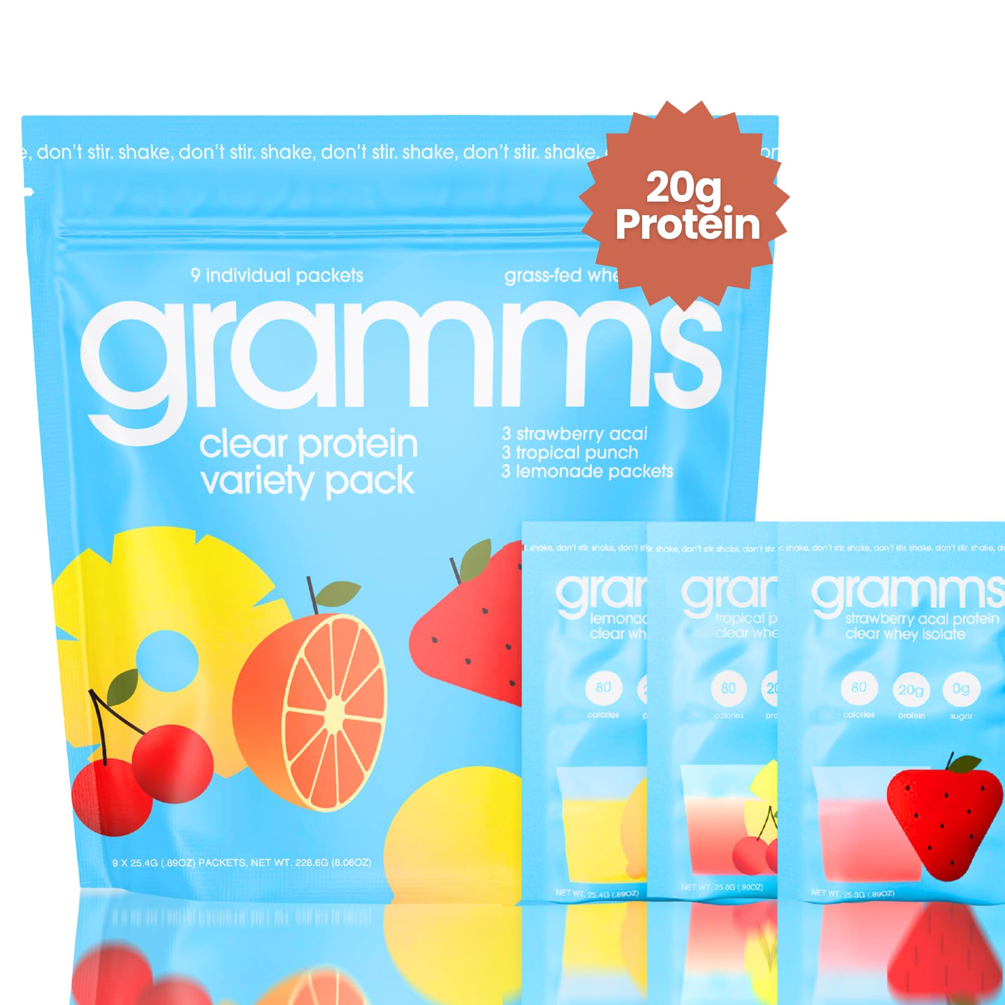 GRAMMS Clear Protein Water packet close-up; lactose-free and convenient hydration.