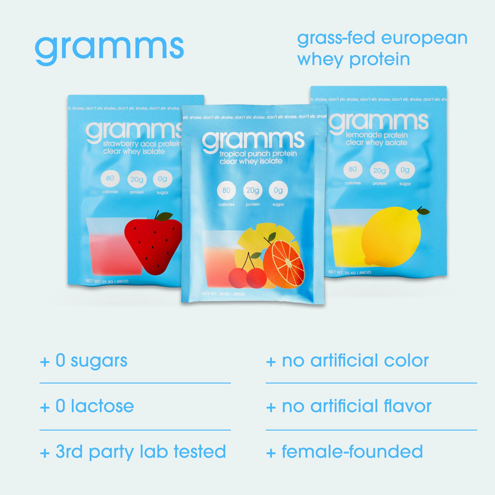 GRAMMS Clear Protein Water packet in hand; 20g protein on the go.