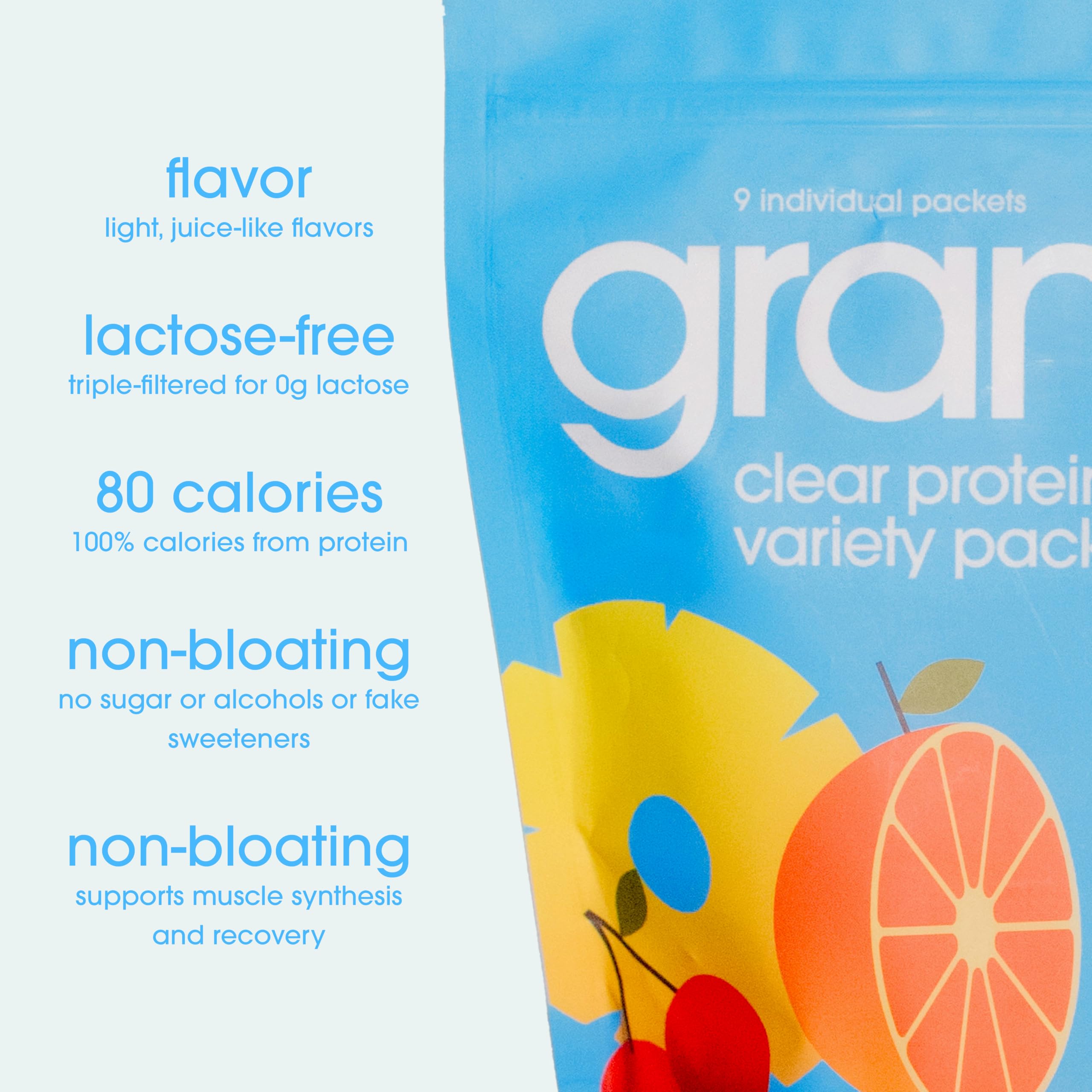 GRAMMS Clear Protein Water packet label; gluten-free whey isolate information.