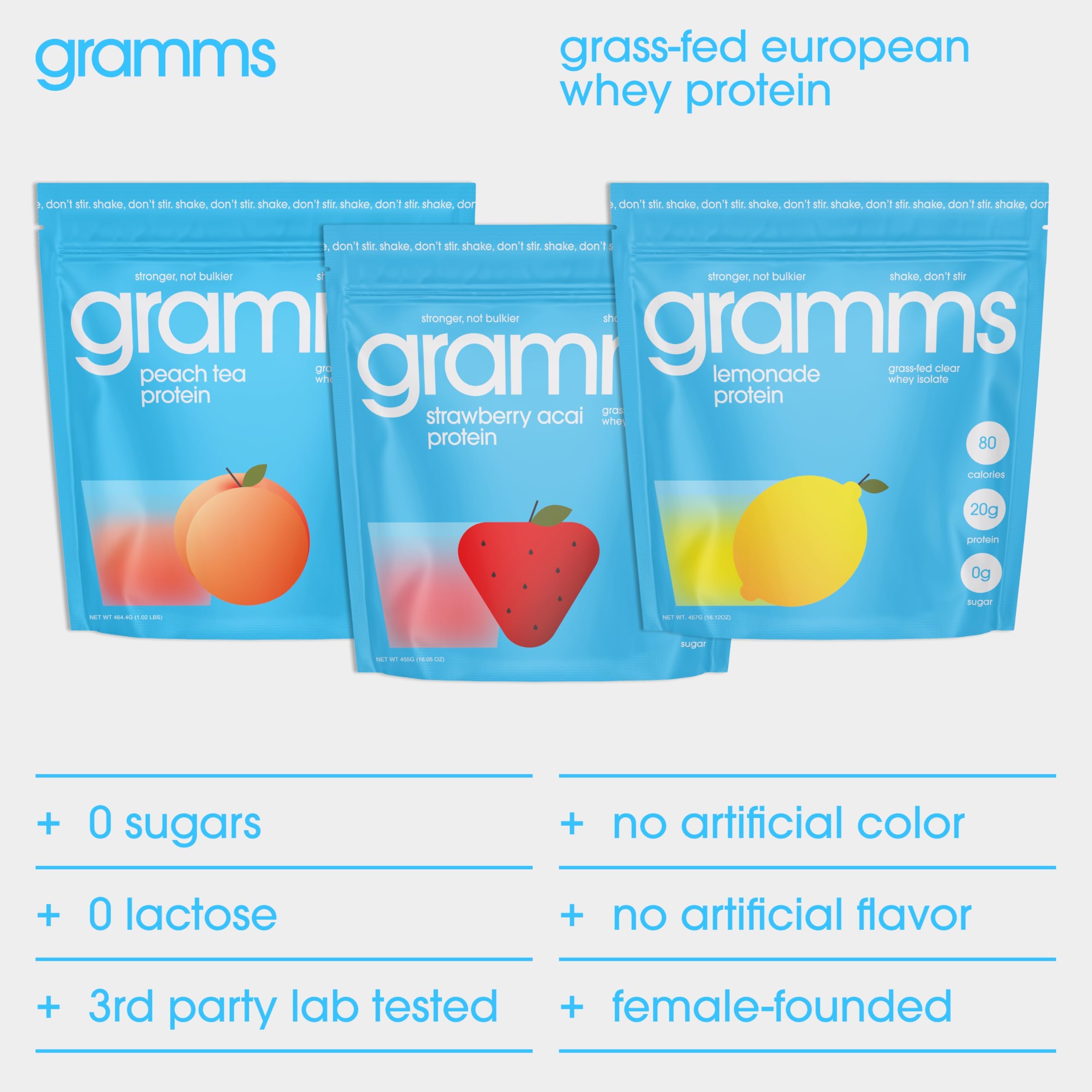 GRAMMS gut-friendly protein powder in scooping container suggesting easy daily use