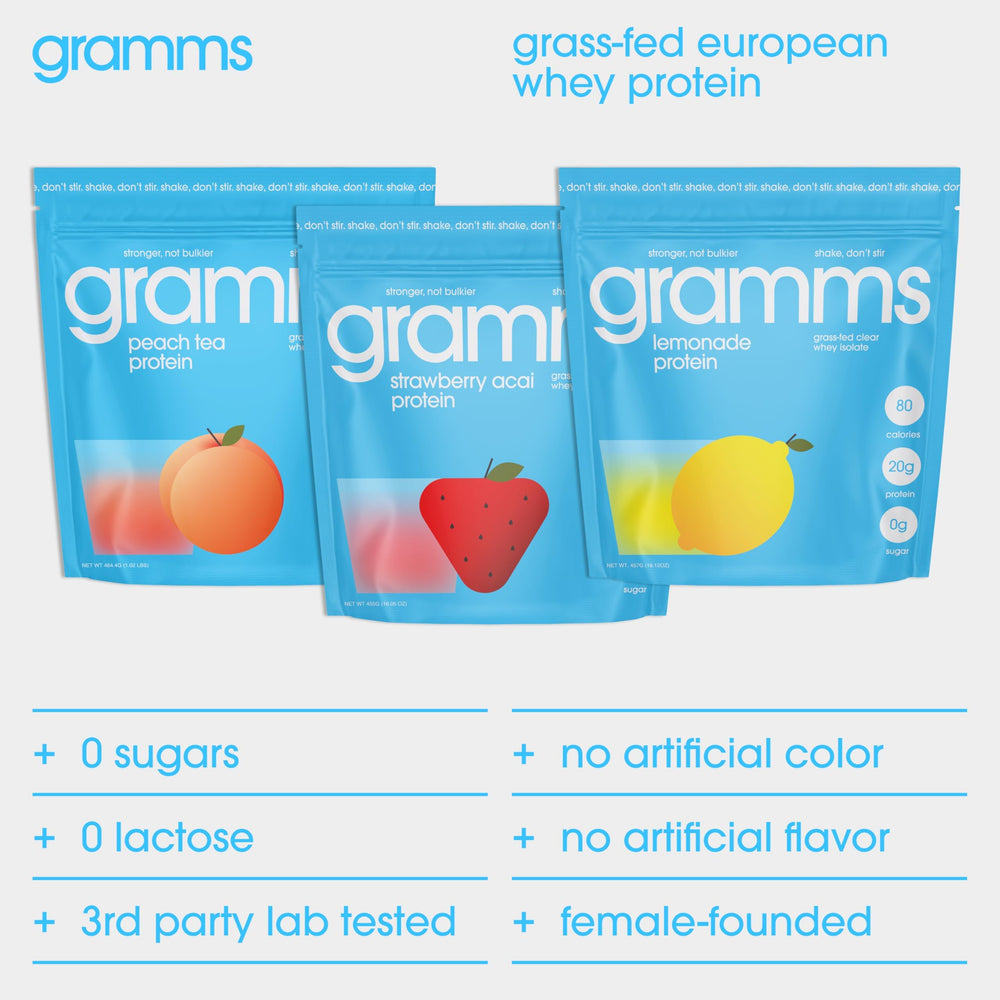 GRAMMS gut-friendly protein powder in scooping container suggesting easy daily use