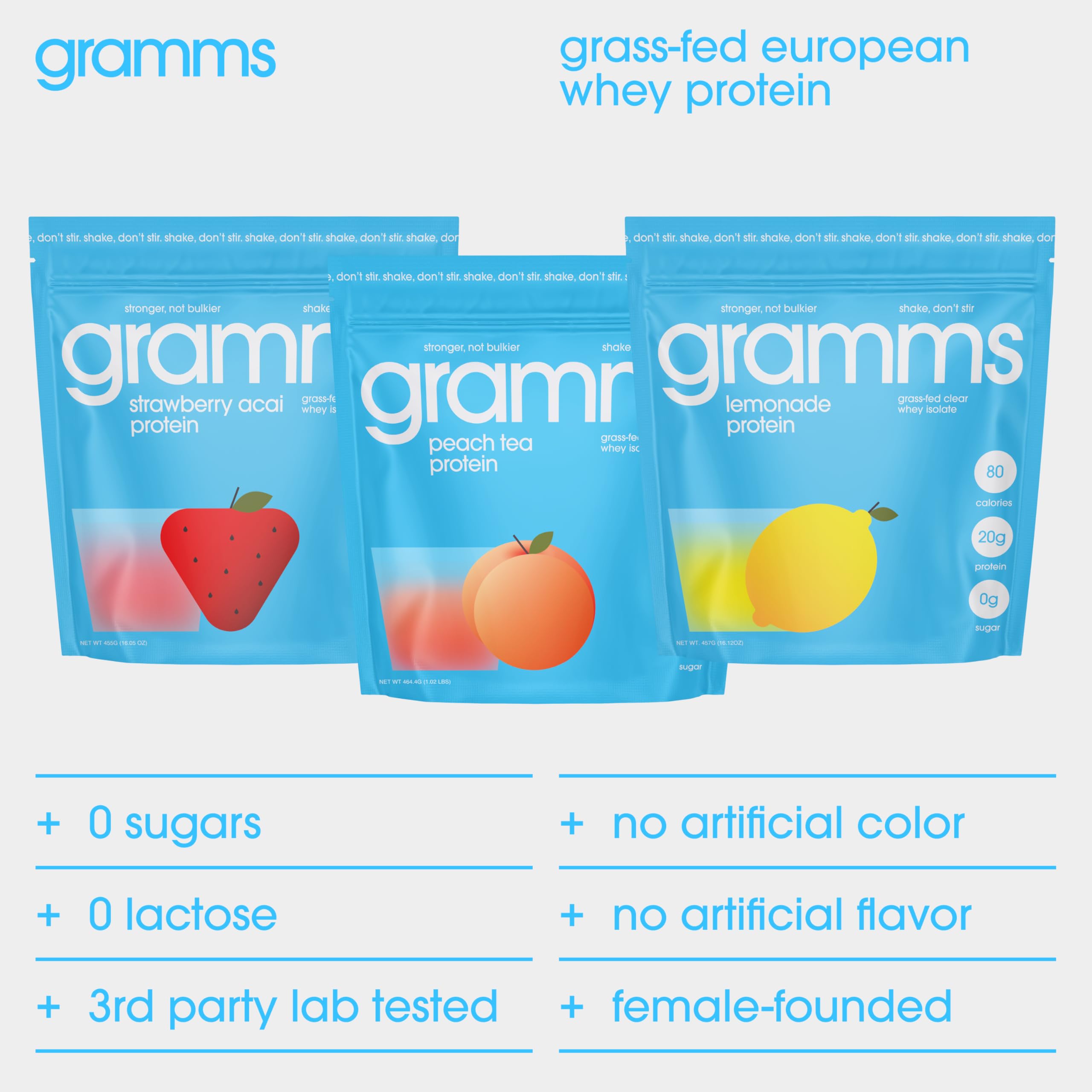 GRAMMS Strawberry Acai Flavor suggests a fruity, light protein experience.