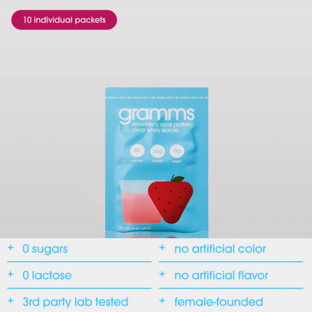 GRAMMS zero-sugar label highlights a low-calorie protein option