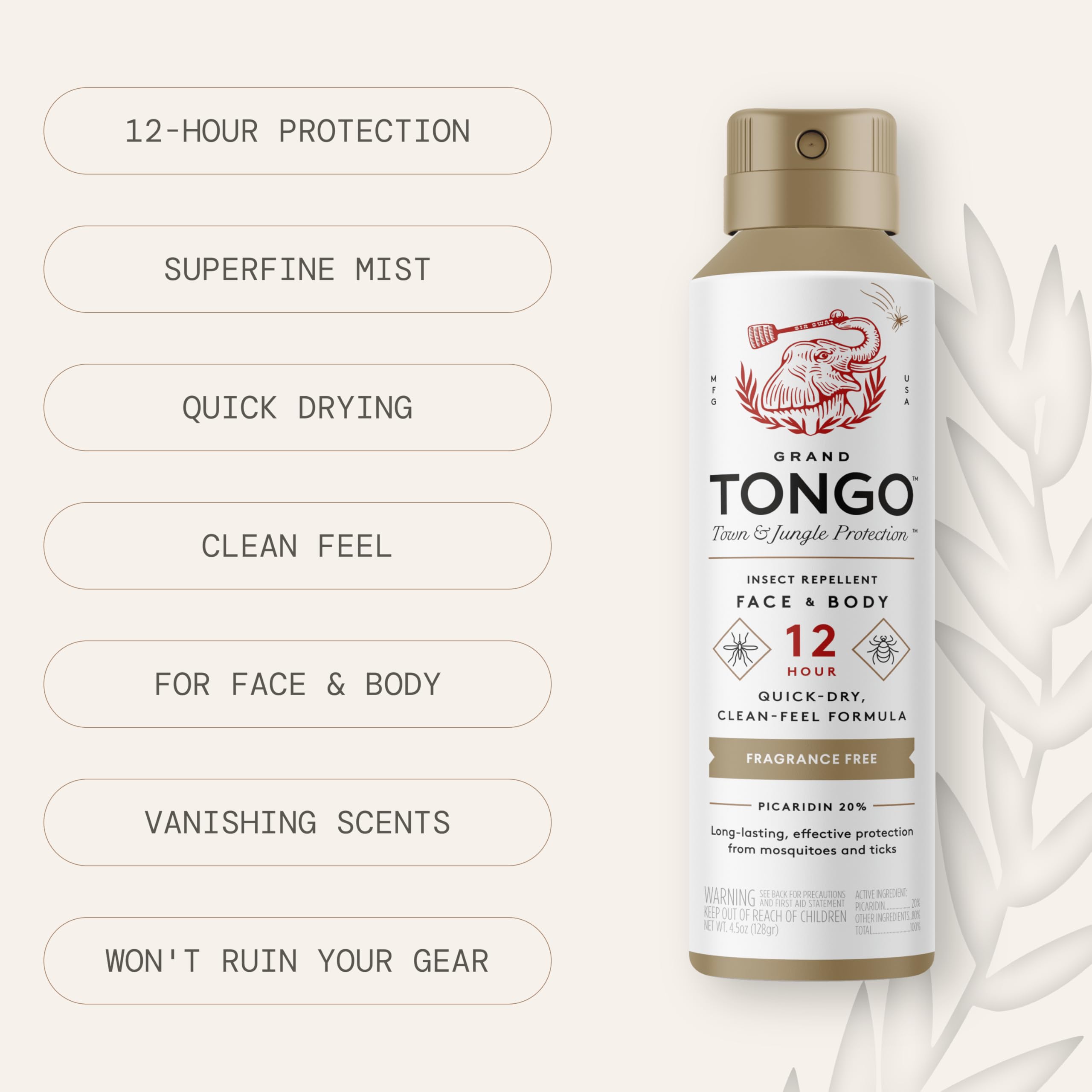 Grand Tongo fragrance-free label highlighting 20% picaridin formula