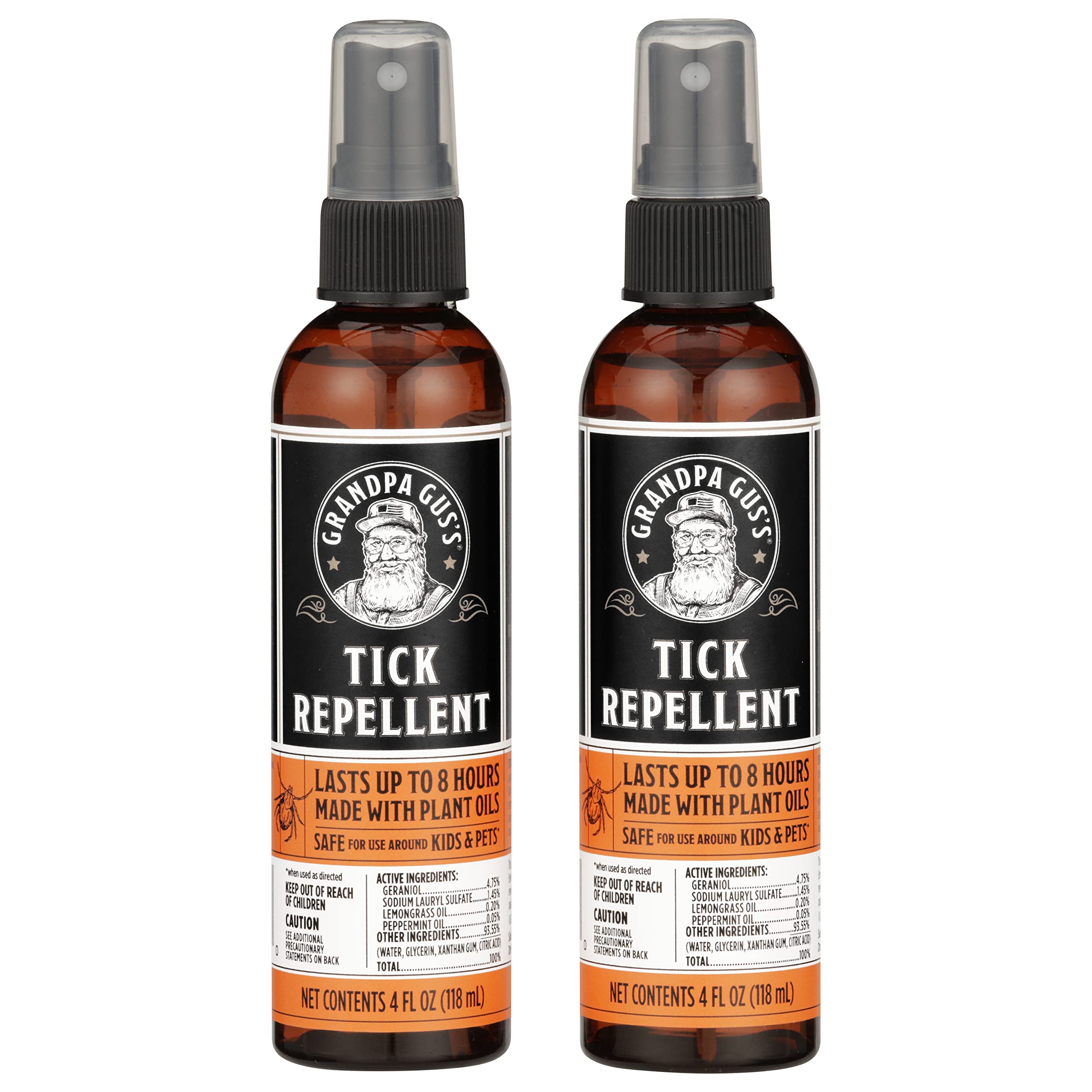 Grandpa Gus's Tick Repellent Spray bottle for outdoors, up to 8 hours protection.
