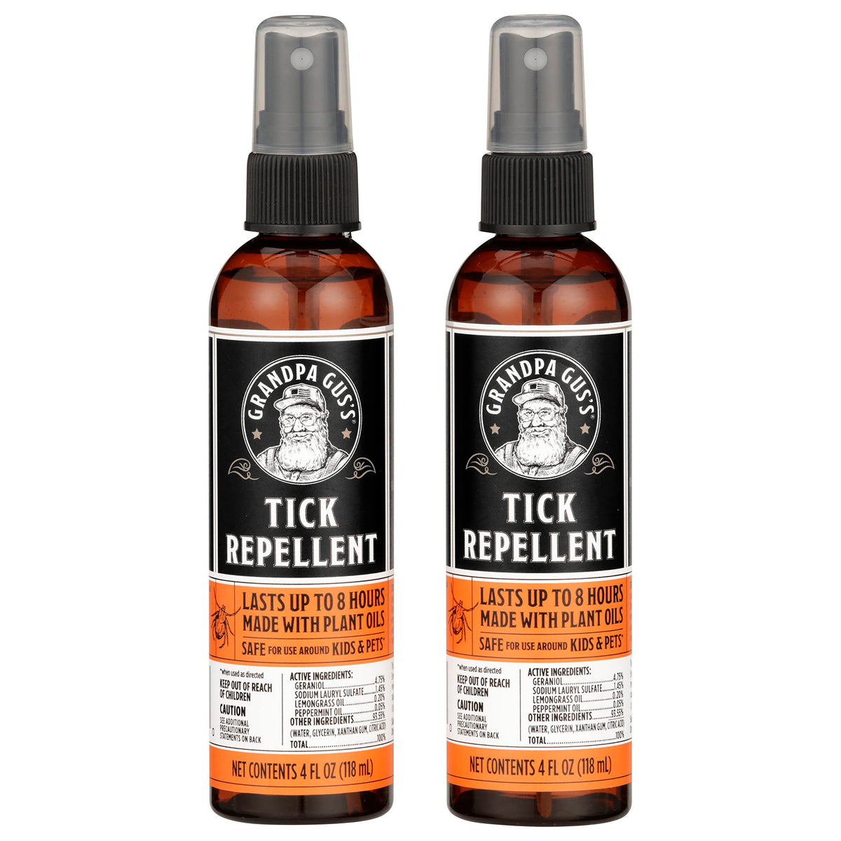Grandpa Gus's Tick Repellent Spray bottle for outdoors, up to 8 hours protection.