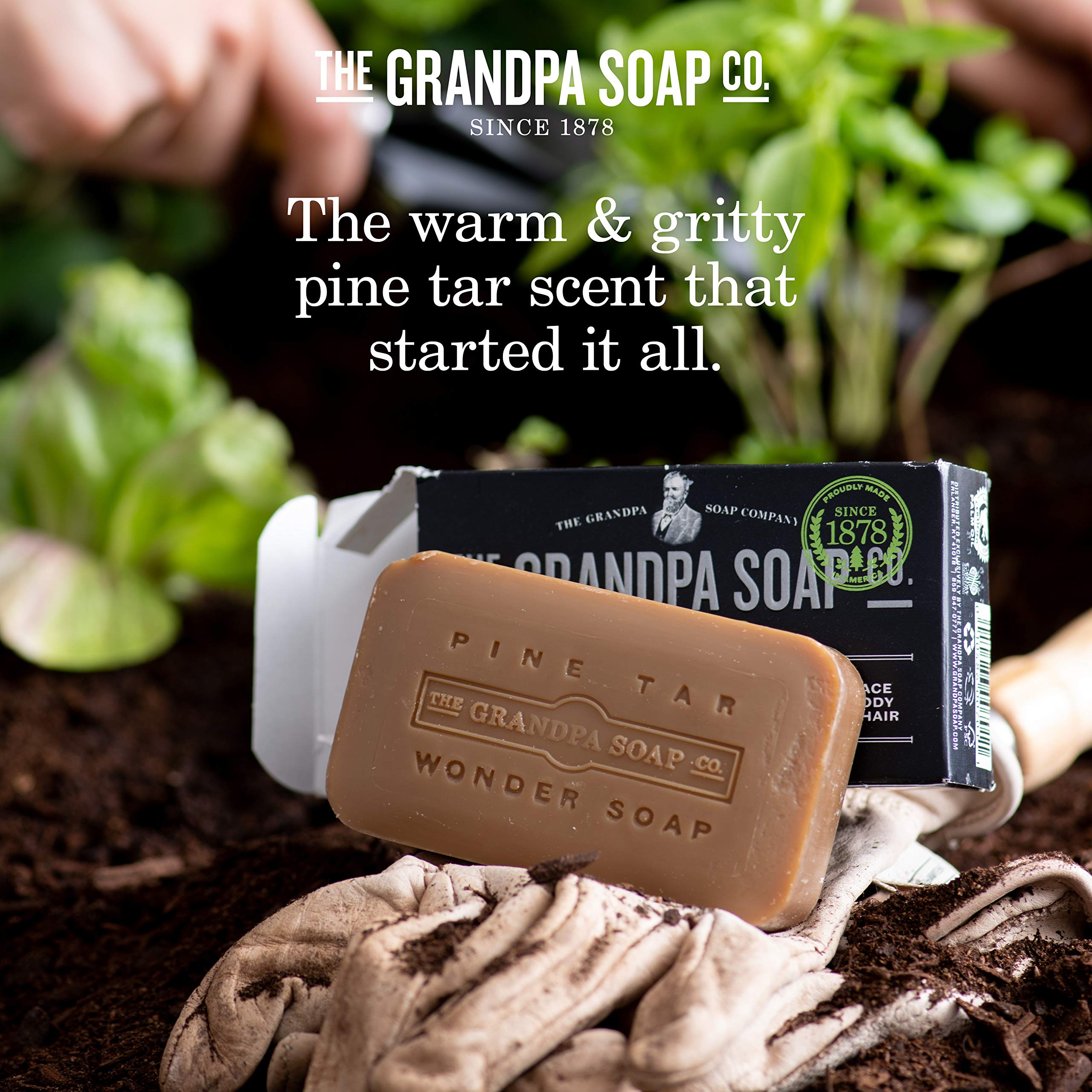 Packaging shot of Grandpa Soap Company pine tar soap with eco-friendly wrapping.