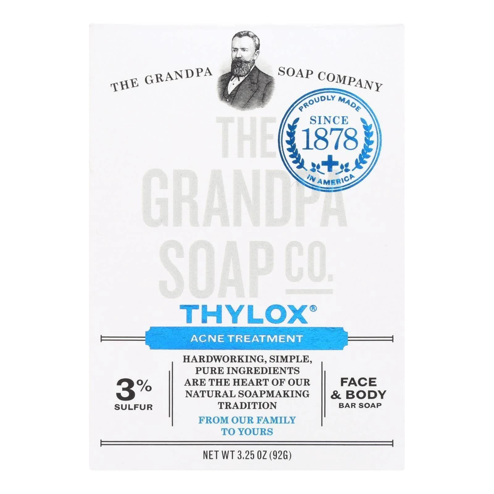 Grandpa's Thylox soap bar close-up with rich suds for cleansing oily skin.