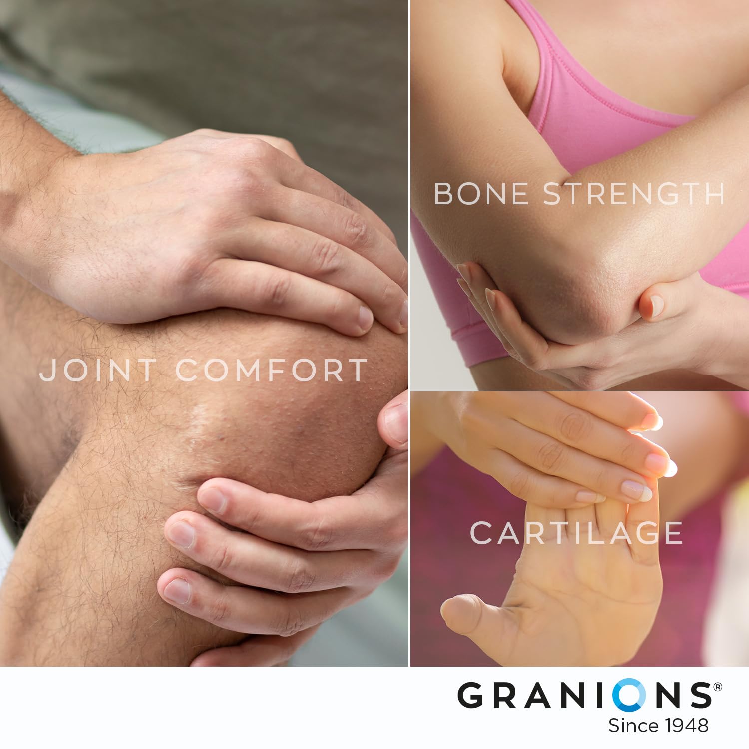 Granions product line with active user in gym setting conveys practical joint support.