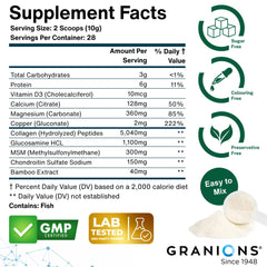 Granions ingredient panel view highlights clean, sugar-free, preservative-free formulation.