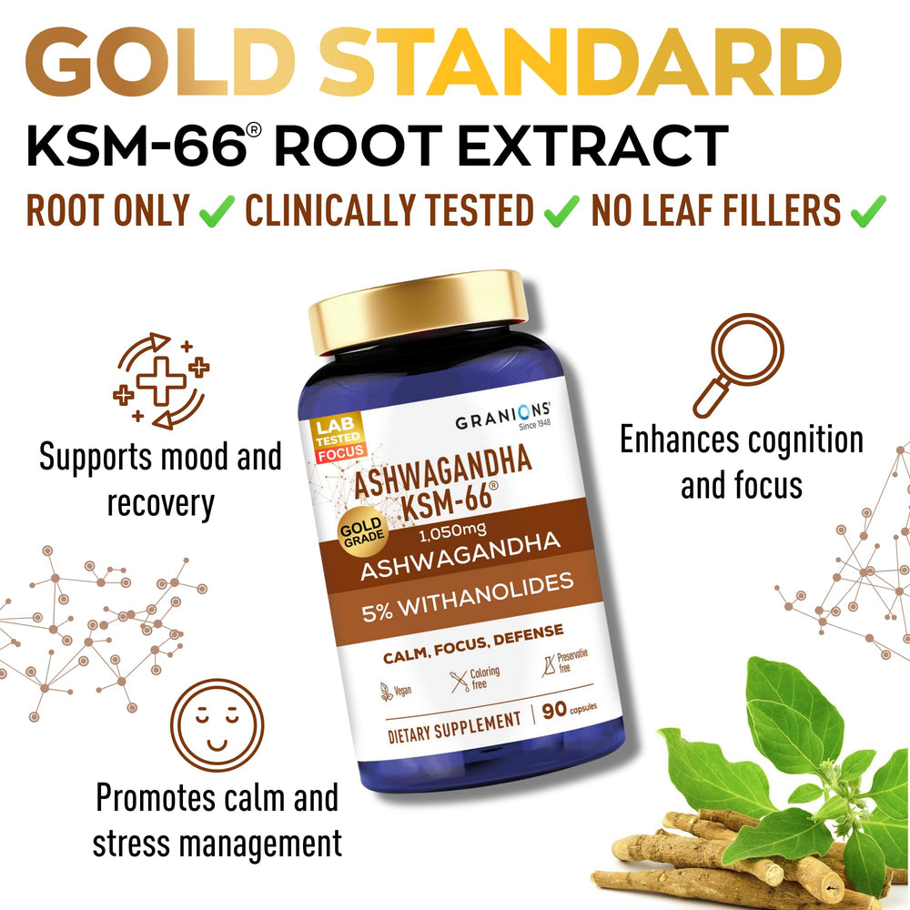 Granions KSM66 Ashwagandha capsules close-up showing vegan formula for daily wellness