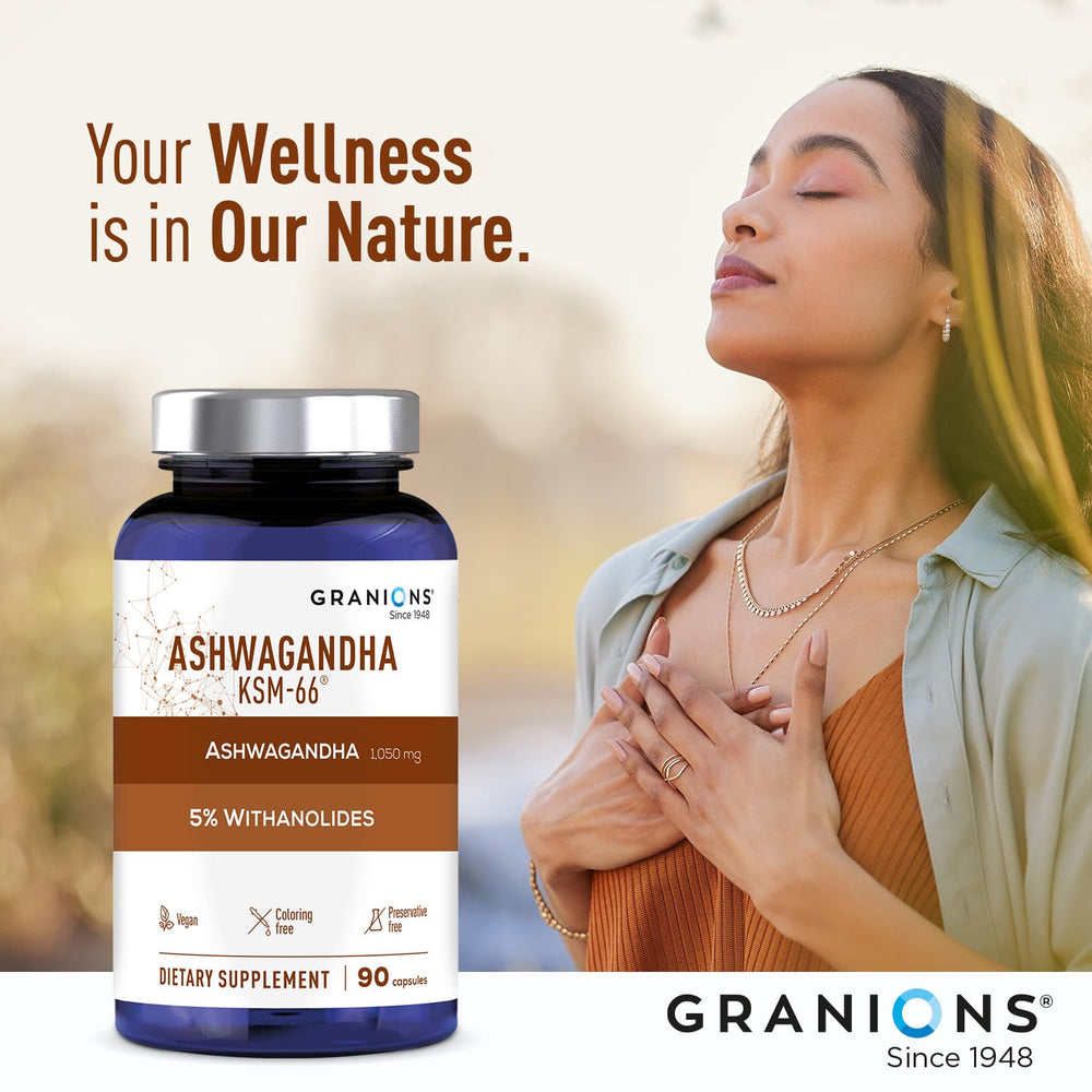 Granions KSM66 Ashwagandha infographic explains adaptogenic use at a glance