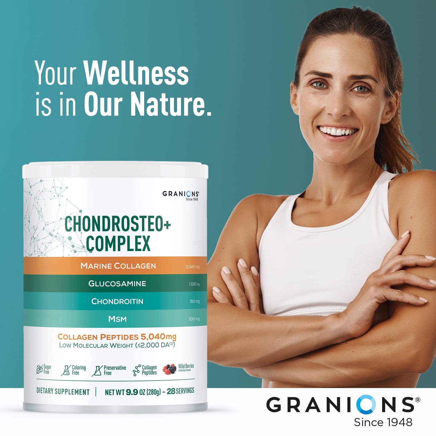 Granions label detail image focuses on marine collagen and minerals for overall wellness.