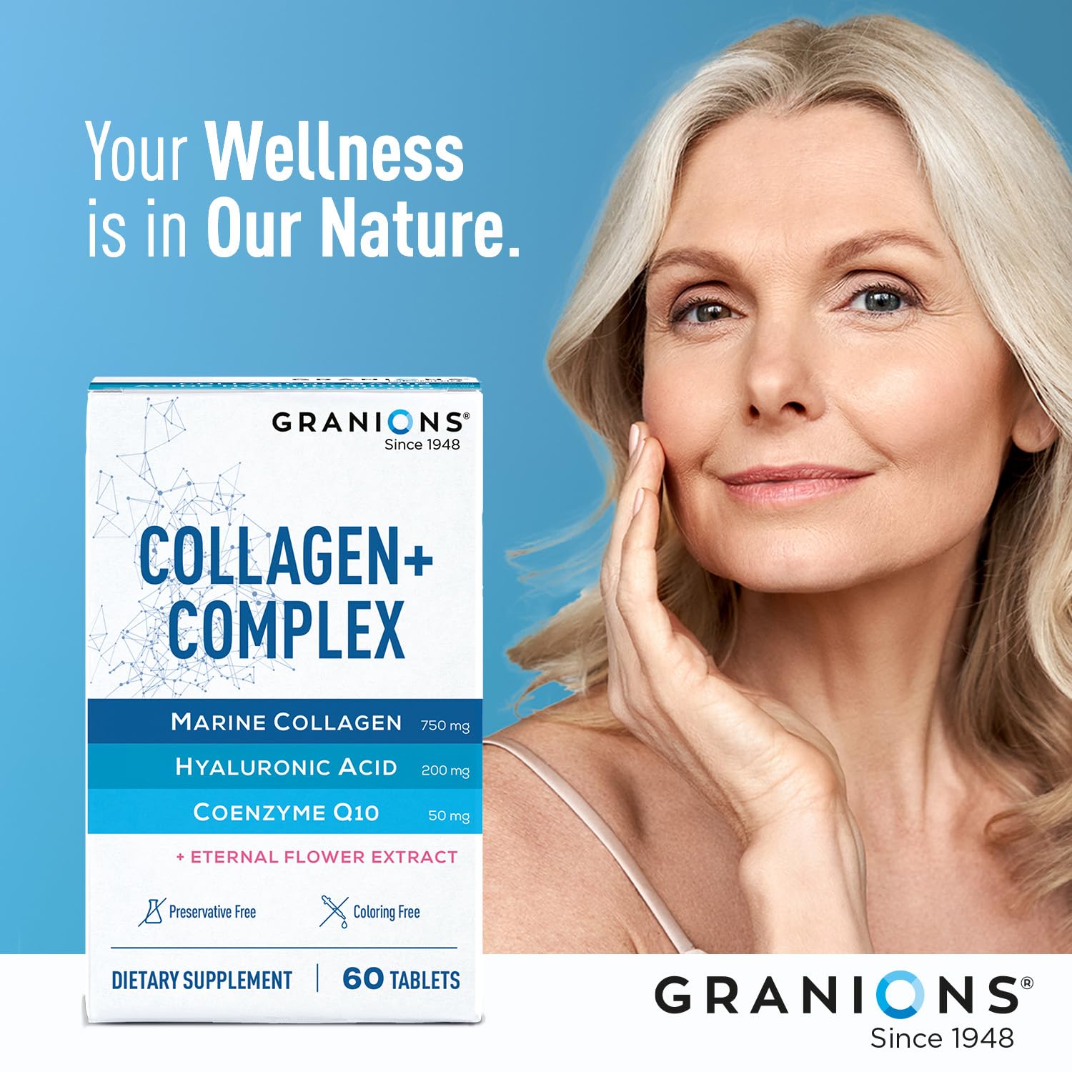 Granions Marine Collagen Eternal Flower extract close-up—antioxidant notes within the formula.