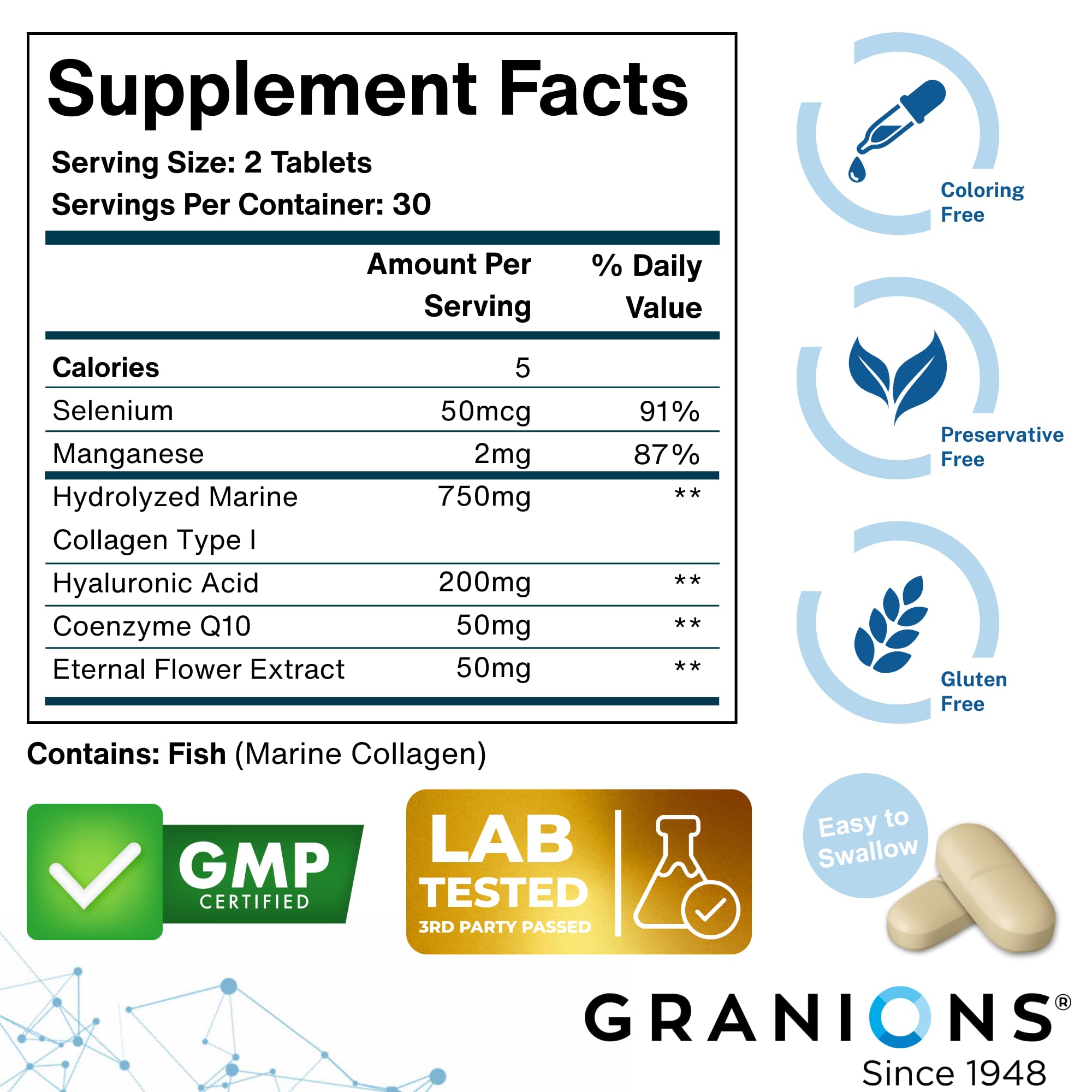 Granions Marine Collagen ingredients panel—high-purity marine collagen with hyaluronic acid.