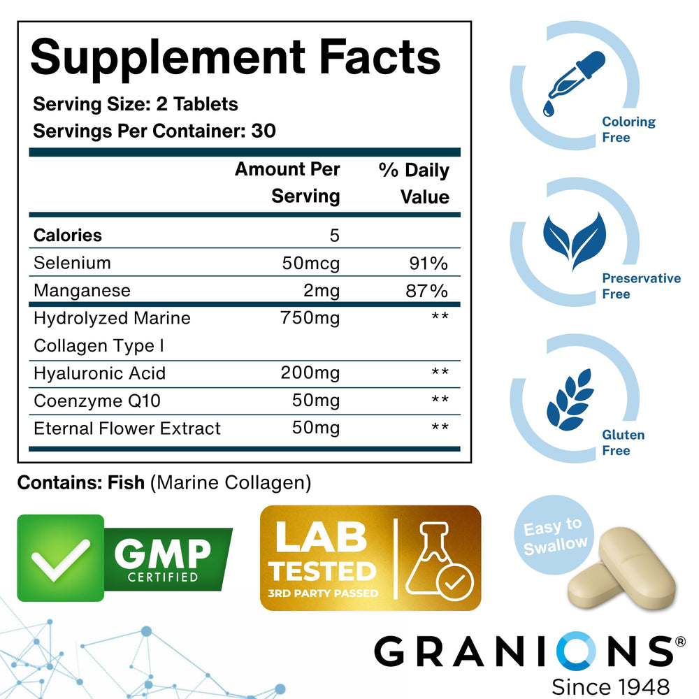 Granions Marine Collagen ingredients panel—high-purity marine collagen with hyaluronic acid.