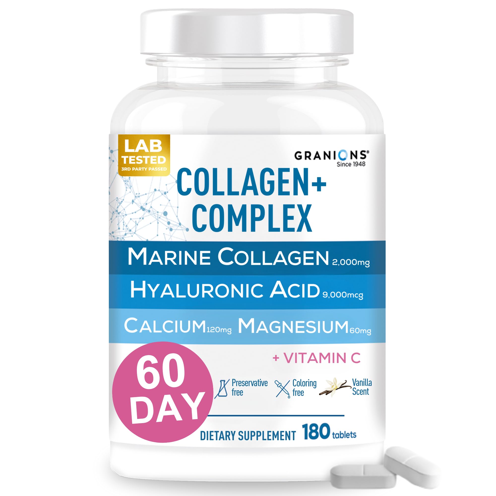 Granions marine collagen pills bottle promoting potential skin, hair, and nail support.