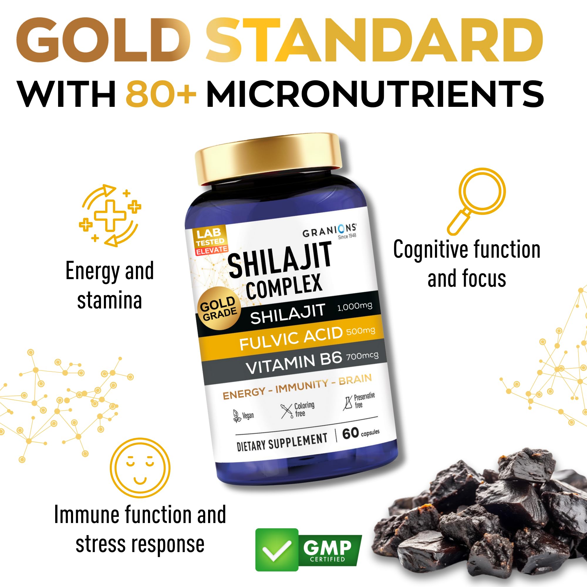 Granions Pure Shilajit bottle shot for on the go vitality and focus