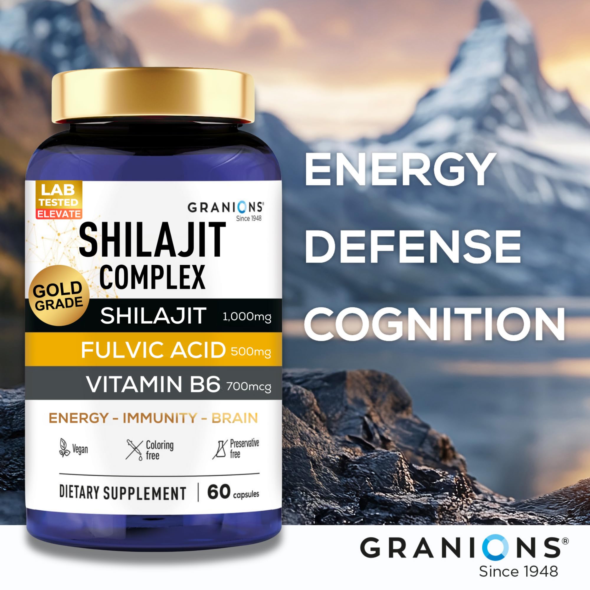 Granions Pure Shilajit vegan formula product shot for clean ingredients