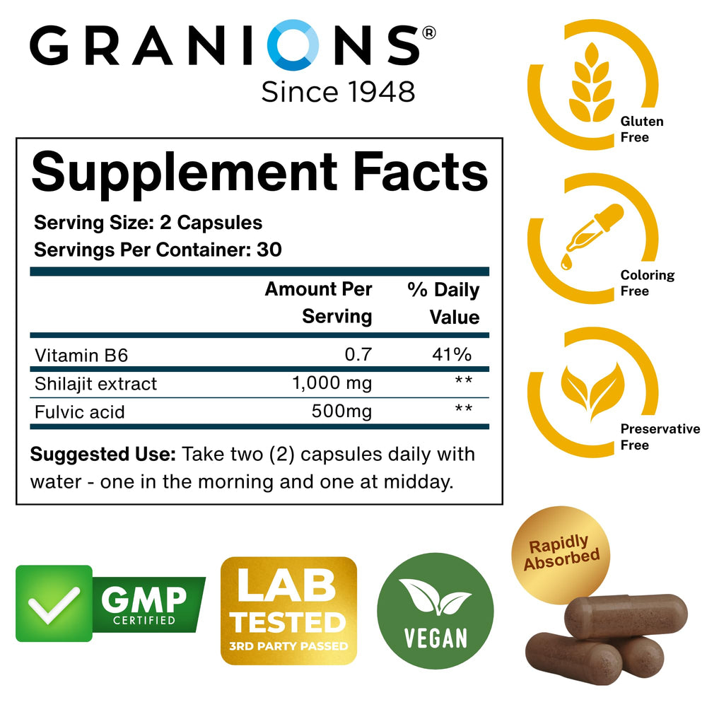 Granions Pure Shilajit energy-boost close-up on shelf suggests performance potential