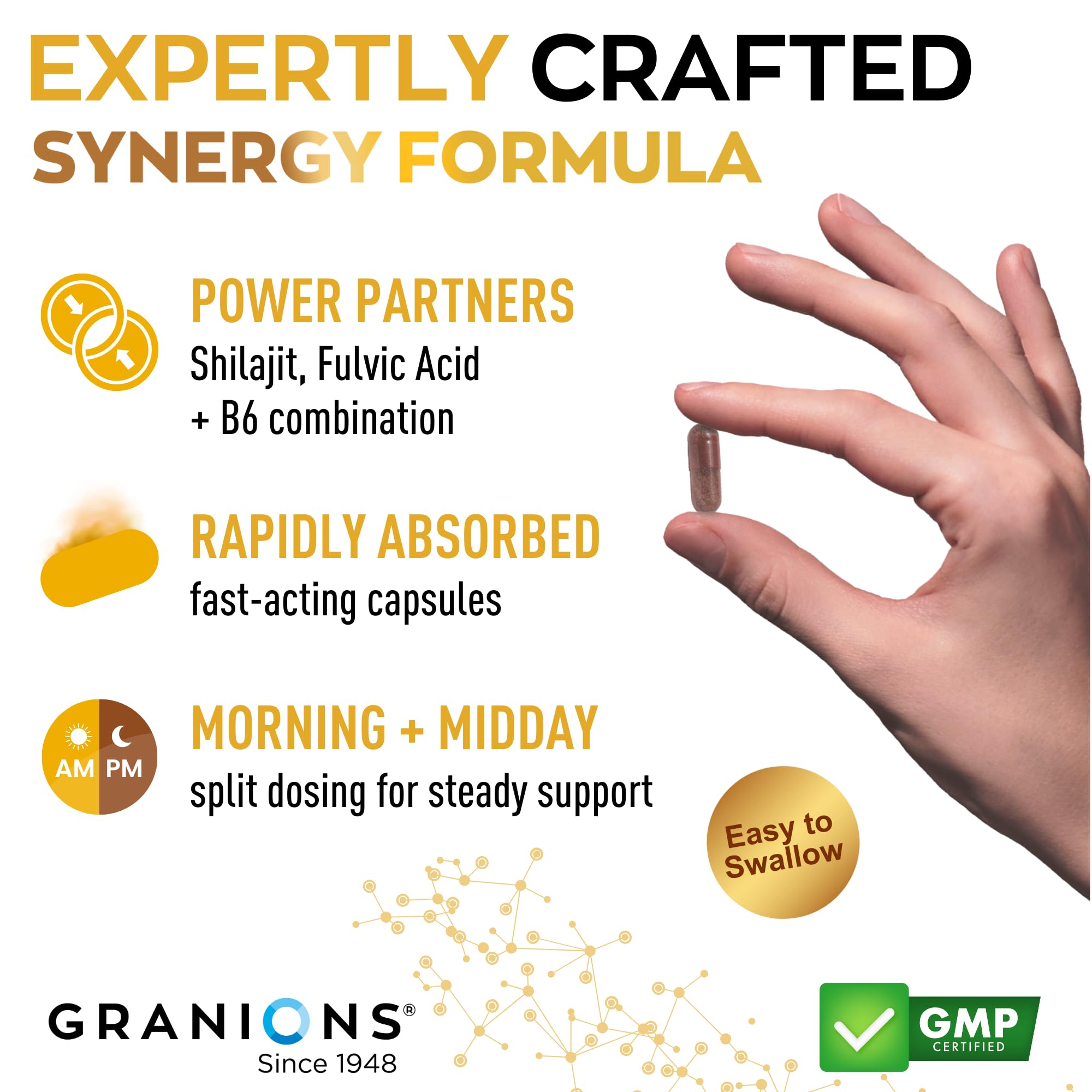 Granions Pure Shilajit ingredient fulvic acid close-up suggests rich mineral blend for wellness