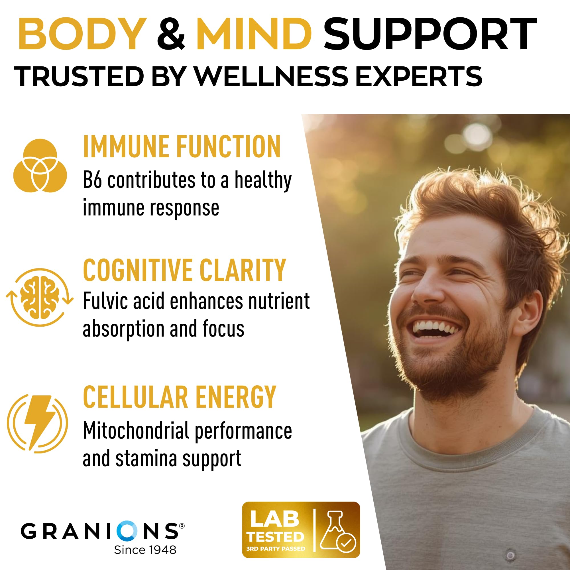 Granions Pure Shilajit label details emphasize vegan, gluten free, and non GMO formulation
