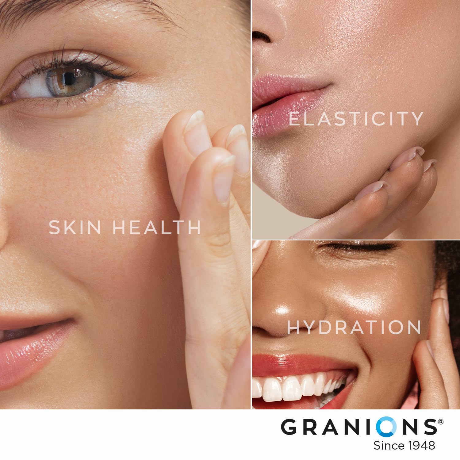 Granions skin-hair-nails benefits graphic on bottle suggesting overall wellness.
