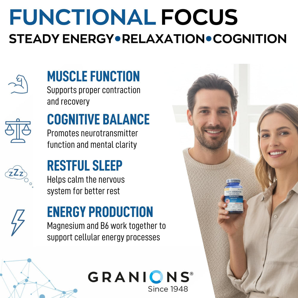 Granions Triple Magnesium label highlights US-made quality and vegan formula.