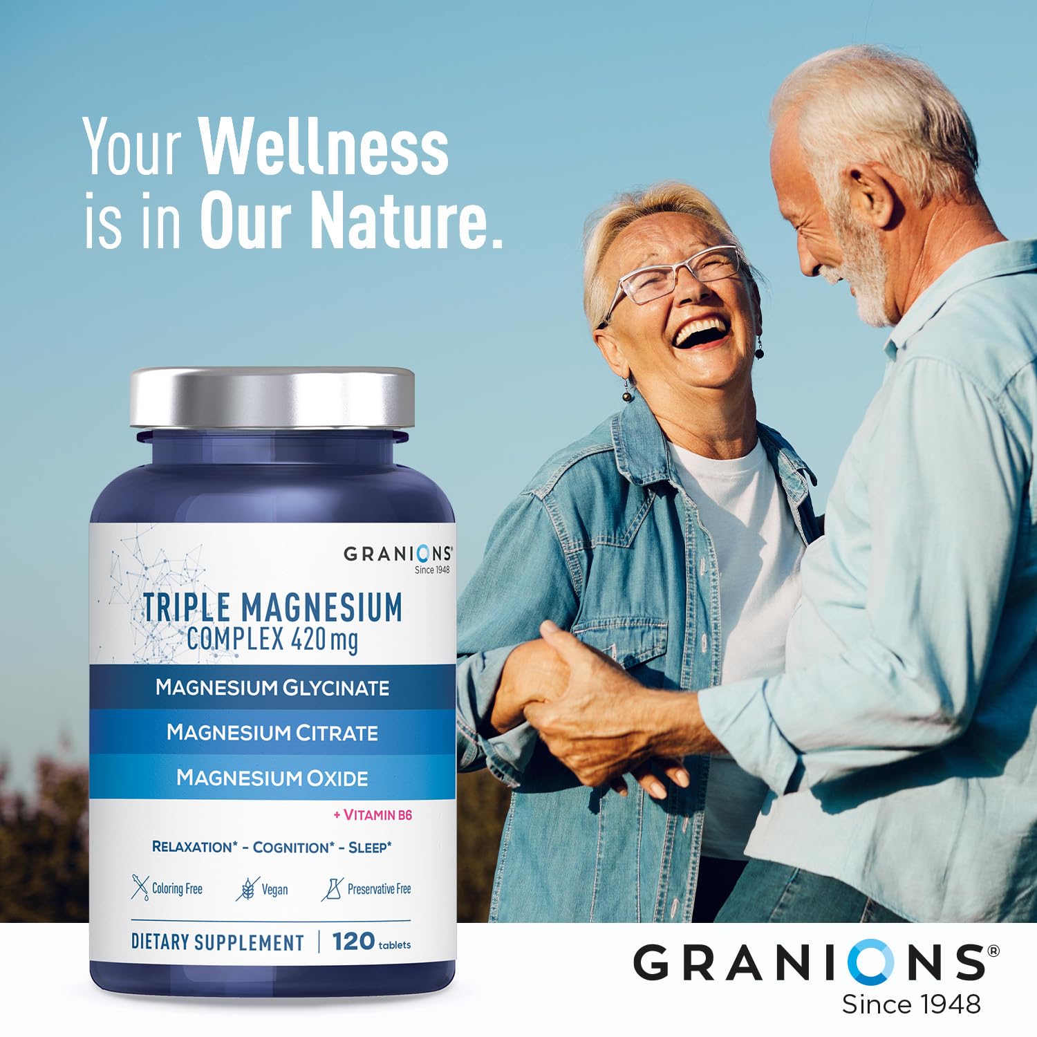 Granions Triple Magnesium travel kit beside a passport, signaling on-the-go support.