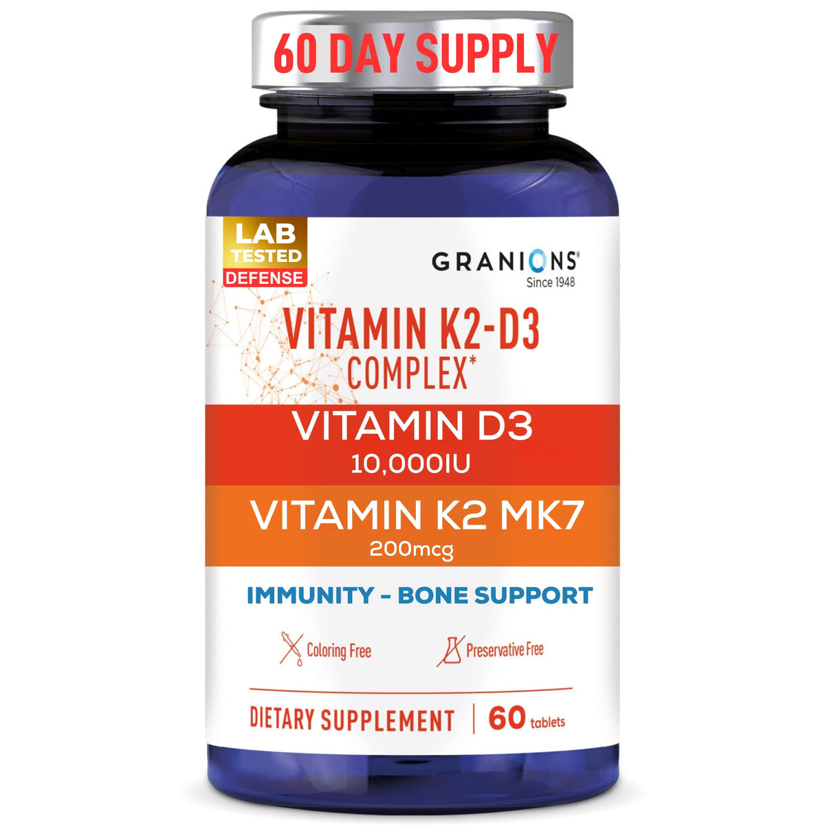 Granions vitamin D3 K2 complex bottle promotes bone health and immune support.