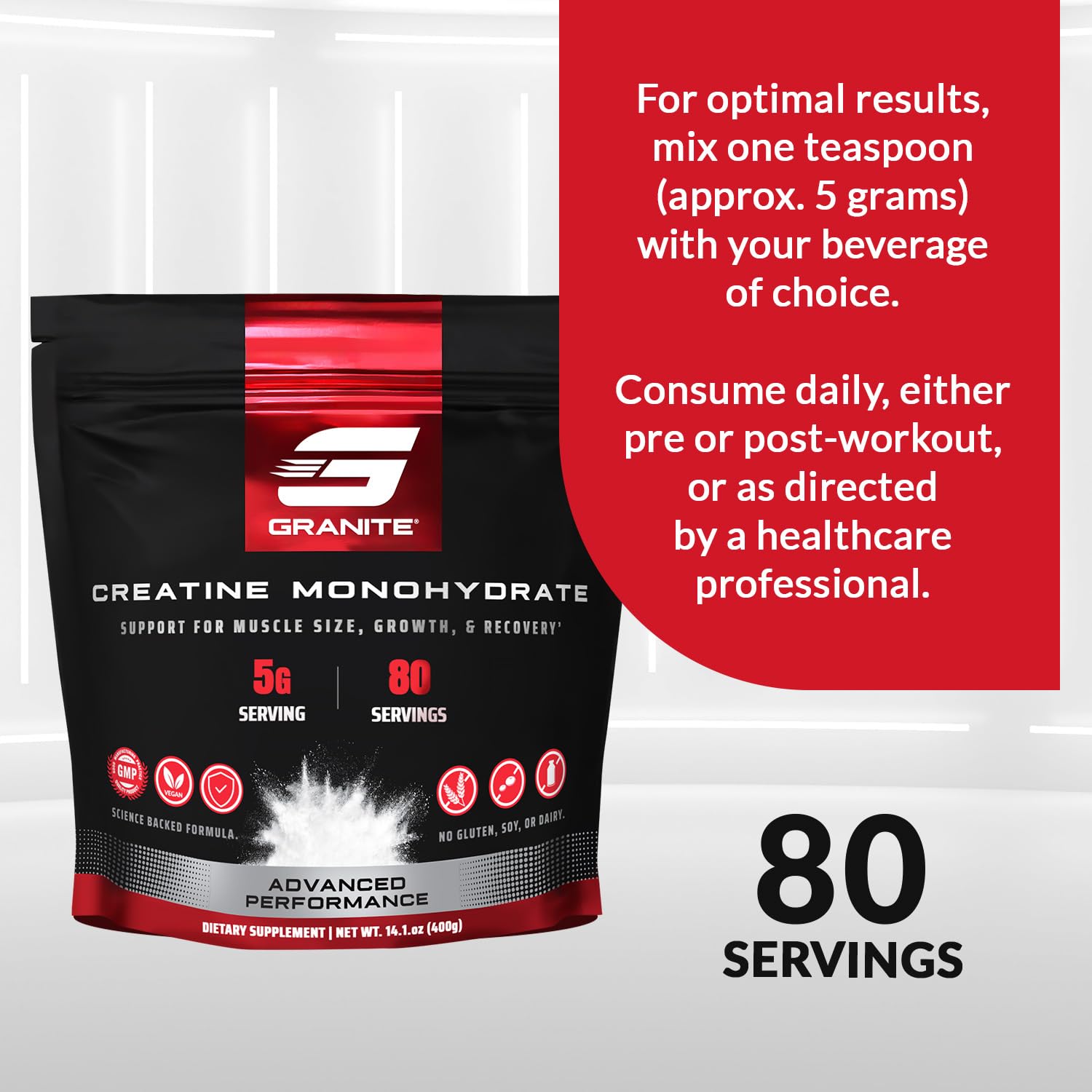 Granite Supplements creatine monohydrate packaging box signals product purity and allergen-free profile