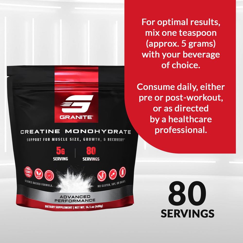 Granite Supplements creatine monohydrate packaging box signals product purity and allergen-free profile